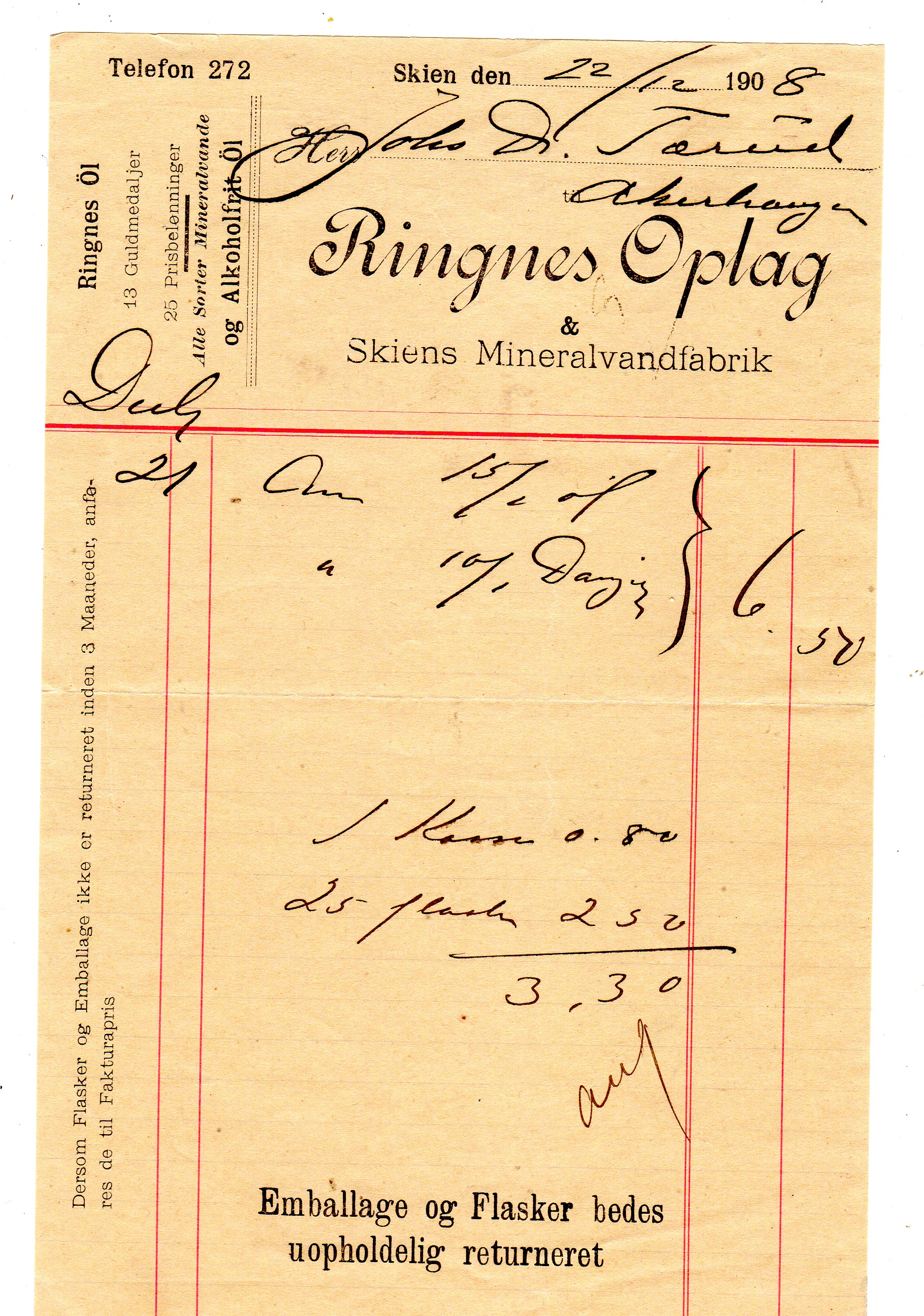 Ringnes&Skiensmineralfabrik 1908