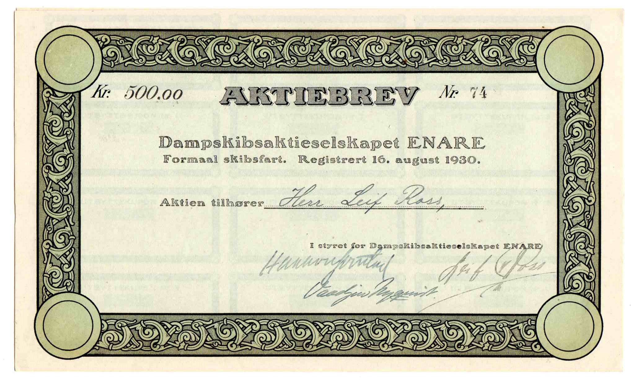 Aktiebrev Denare nr 74 kr 500 1930
