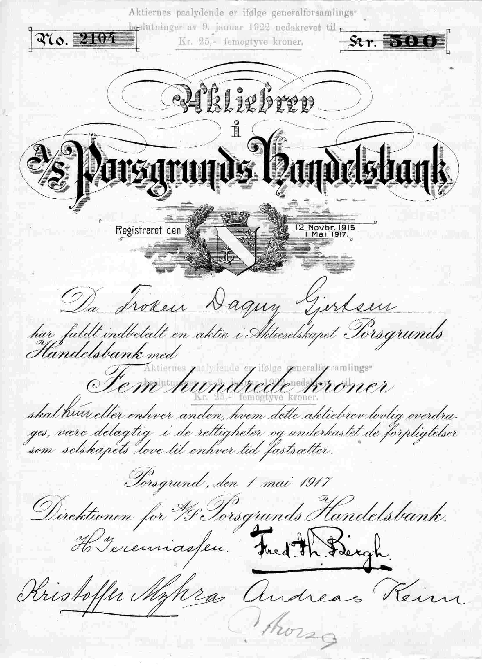 Porsgrunds handelsbank no 2104 kr 500/25 Porsgrund 1916