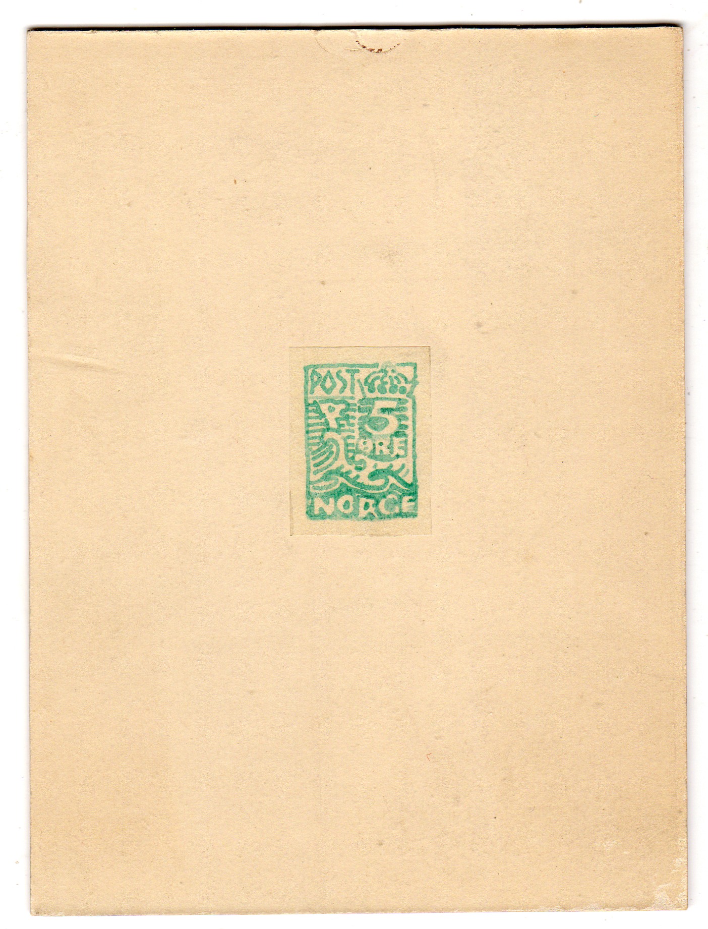 Utkast 5 øre grønn oppklebet Originalt førsteutkast til Domenico Erdman 1912.Medfølger kopi av artikkel fra tidens tegn