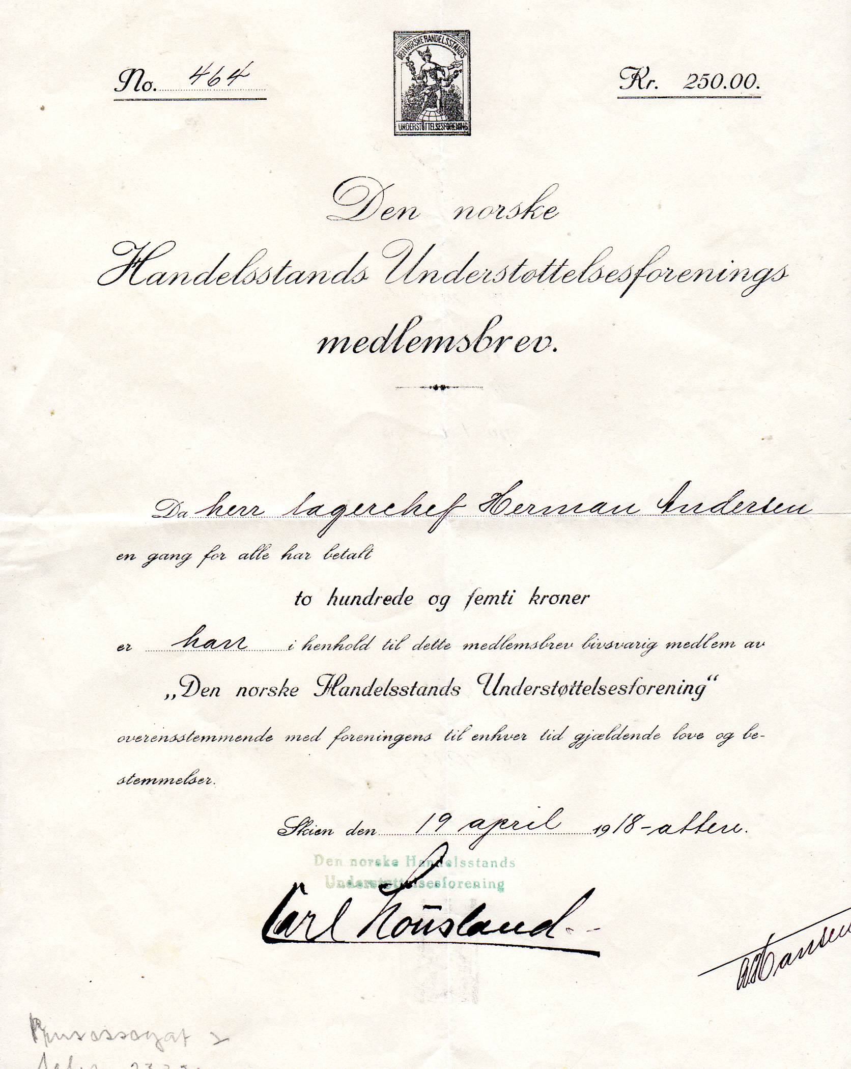 Den norske handelsstands understøttelsesforenings medlemsbrev nr 464 Skien 19/4/1918