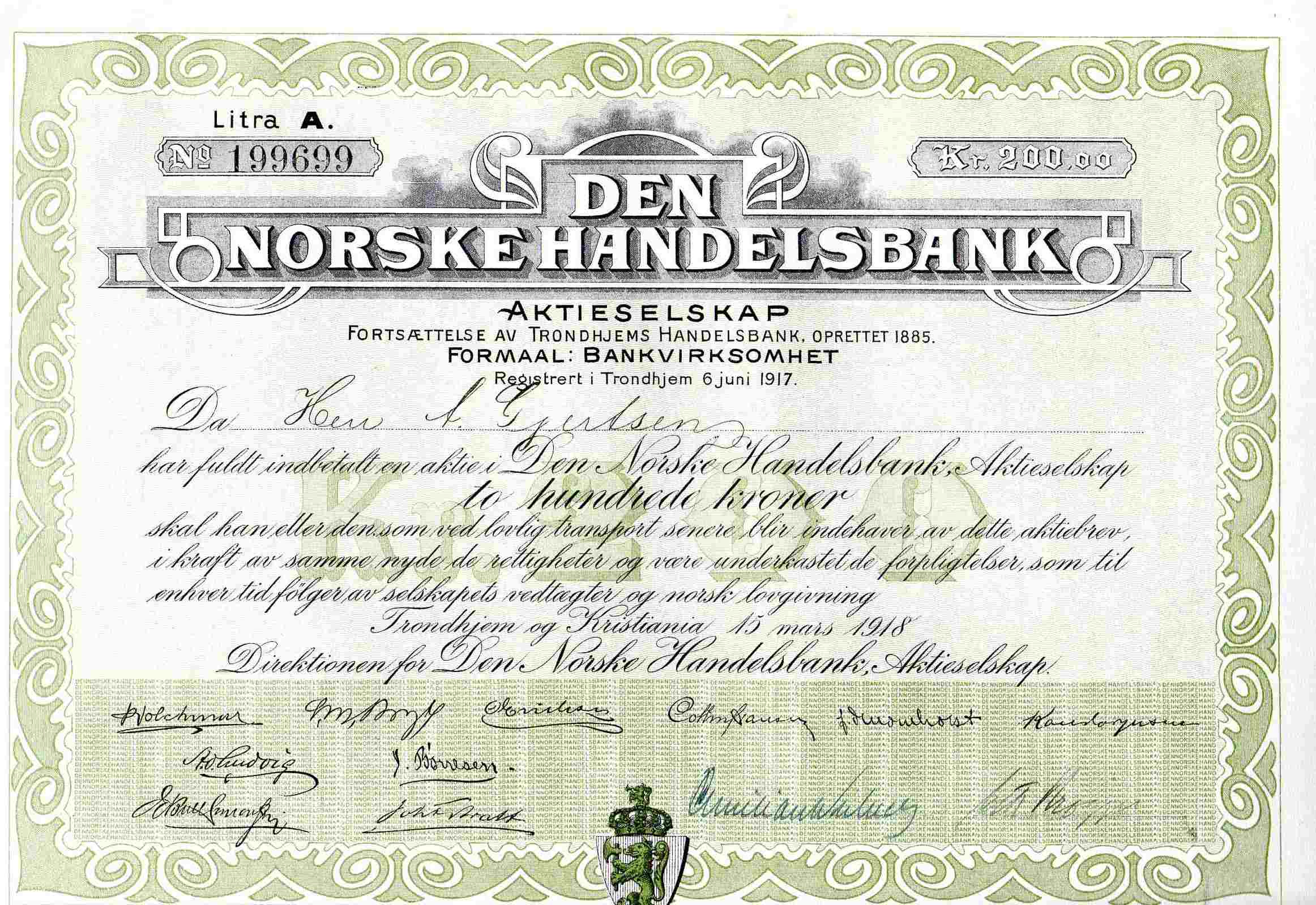 Den norske handelsbank kr 200 Litra A 199699 Trondhjem 1917