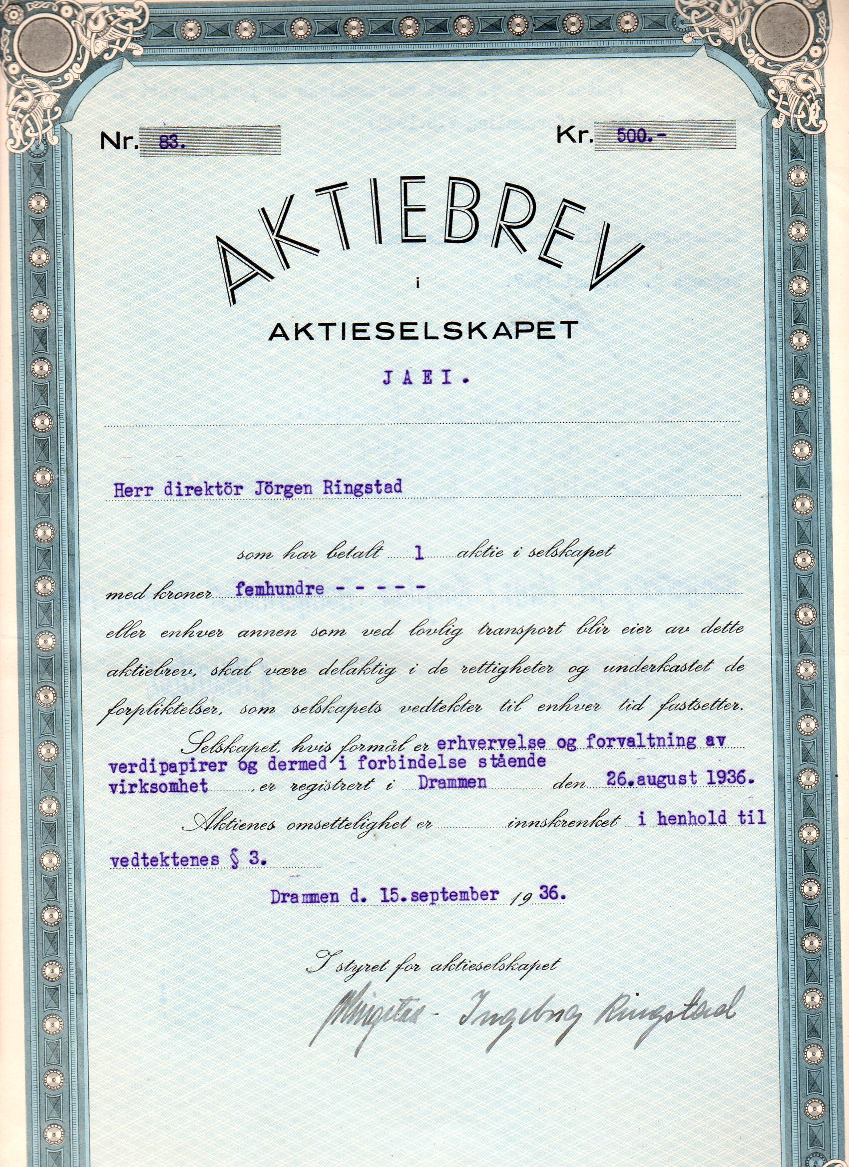Jaei Drammen 1936 kr 250 nr 83/84/85 pris pr stk