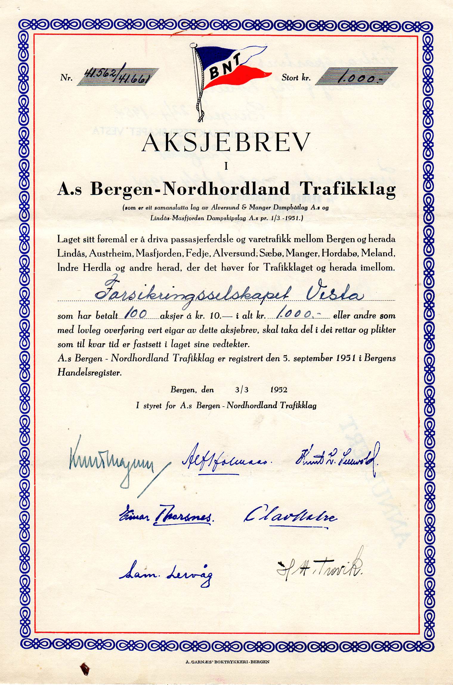 Bergen-Nordhordaland trafikklag Bergen 1952 kr 10 nr 41562/41661&41662/41671&29250 pris pr stk