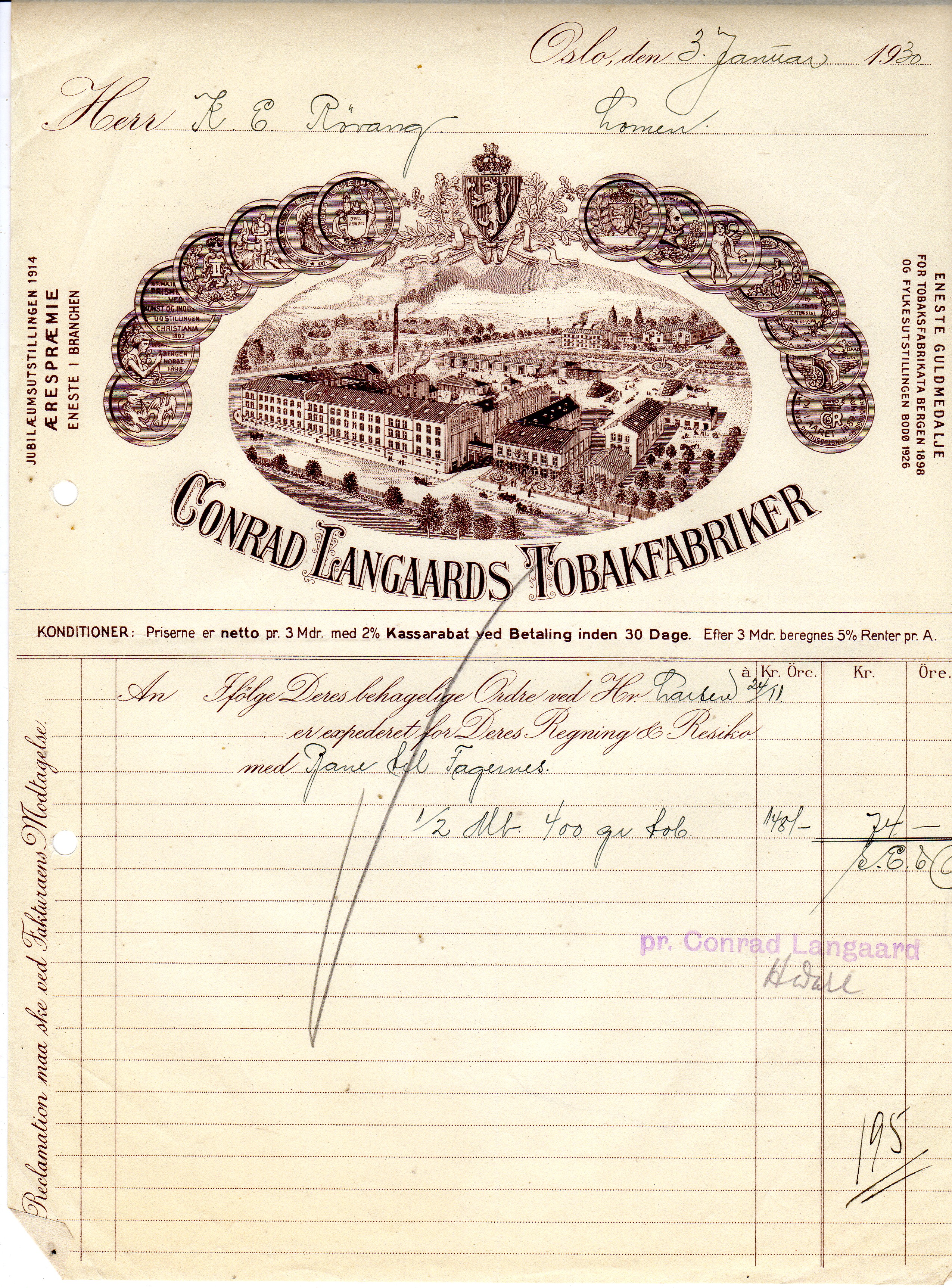 Conrad Langaards Tobakfabriker 1927 og 1930 pris pr stk