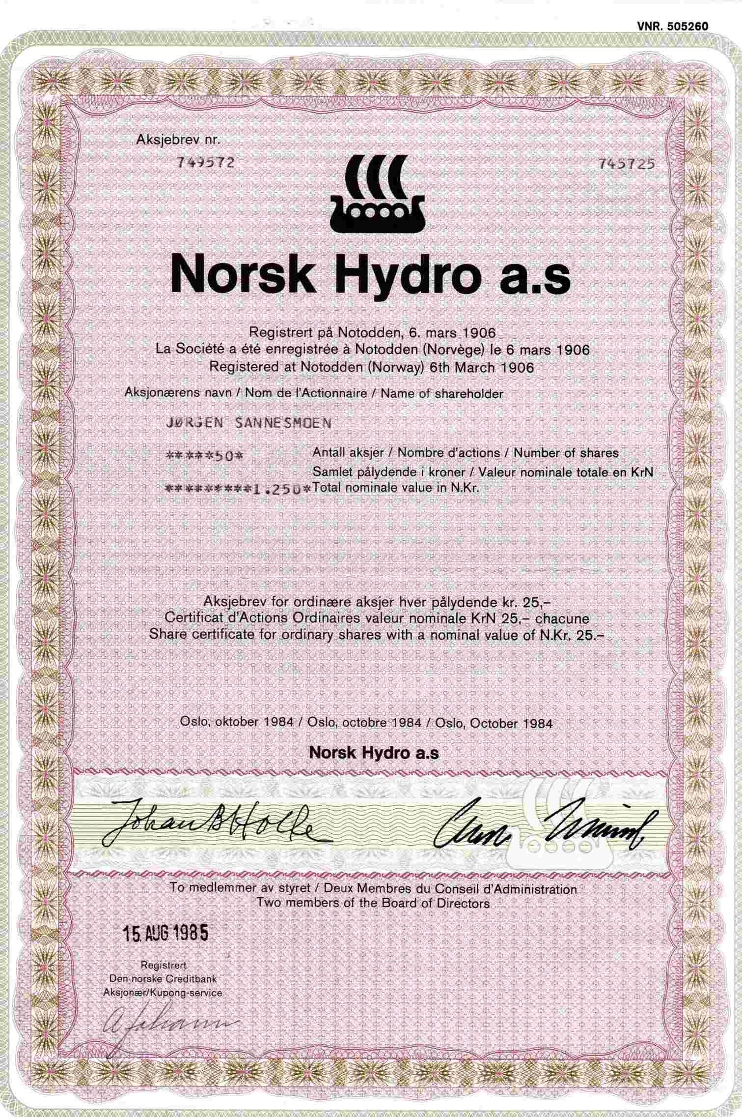 Norsk Hydro kr 50 Oslo 1984 pris pr stk