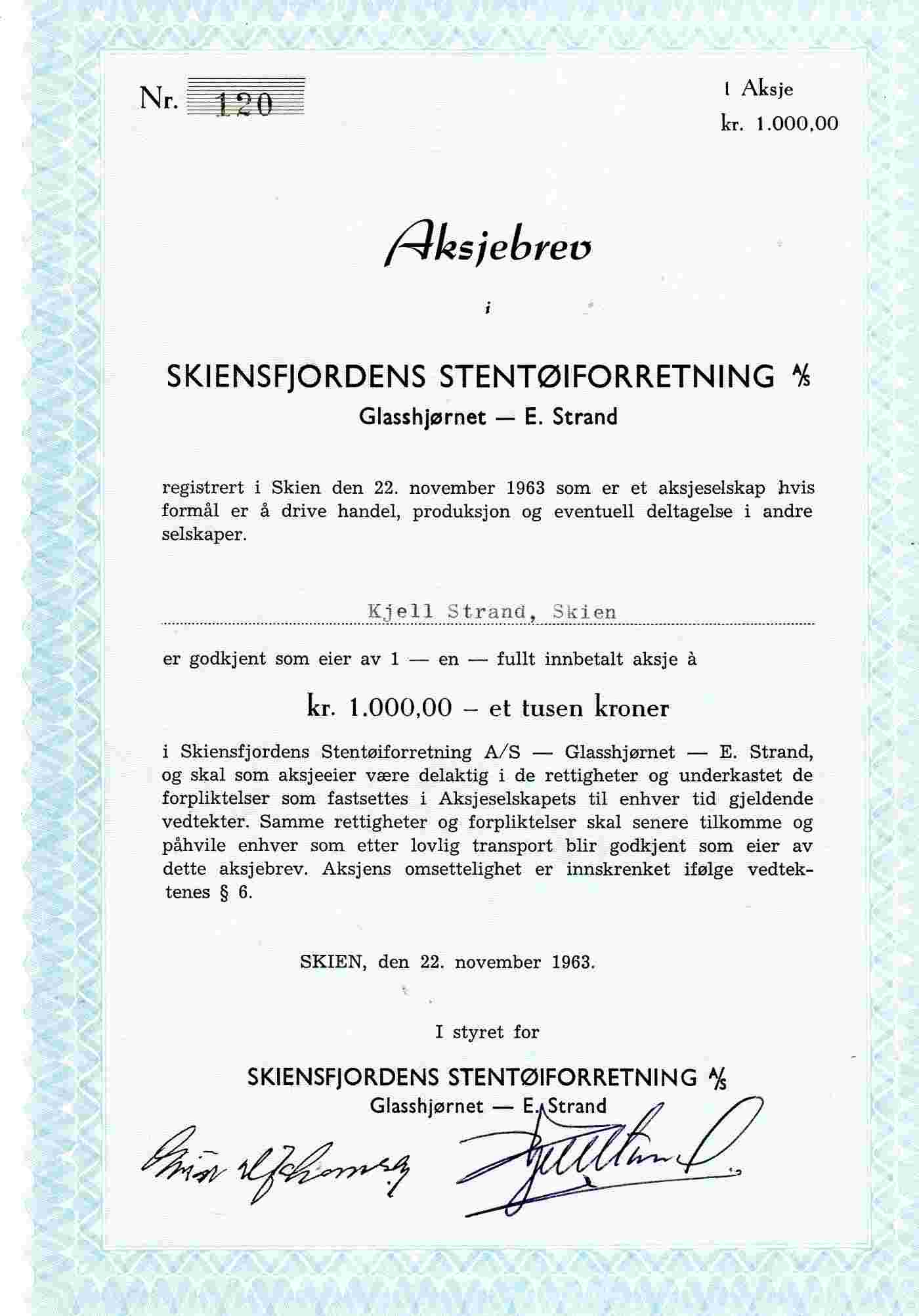 Skiensfjordens stentøiforretning kr 1000 Skien 1963