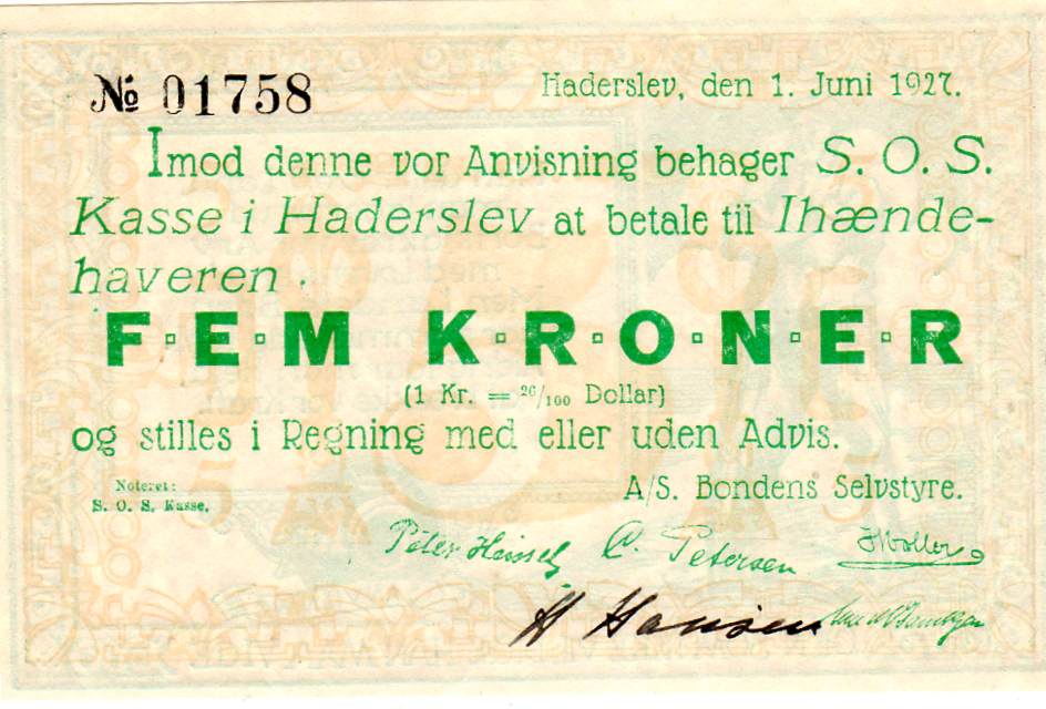 SOS kasse i Haderslev  5 kr 1927