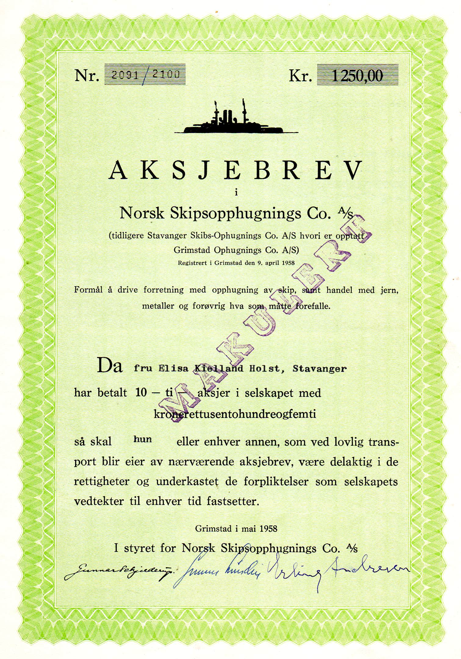 Norsk skipsopphugning kr 1250 nr 2091/2100 1958 Grimstad