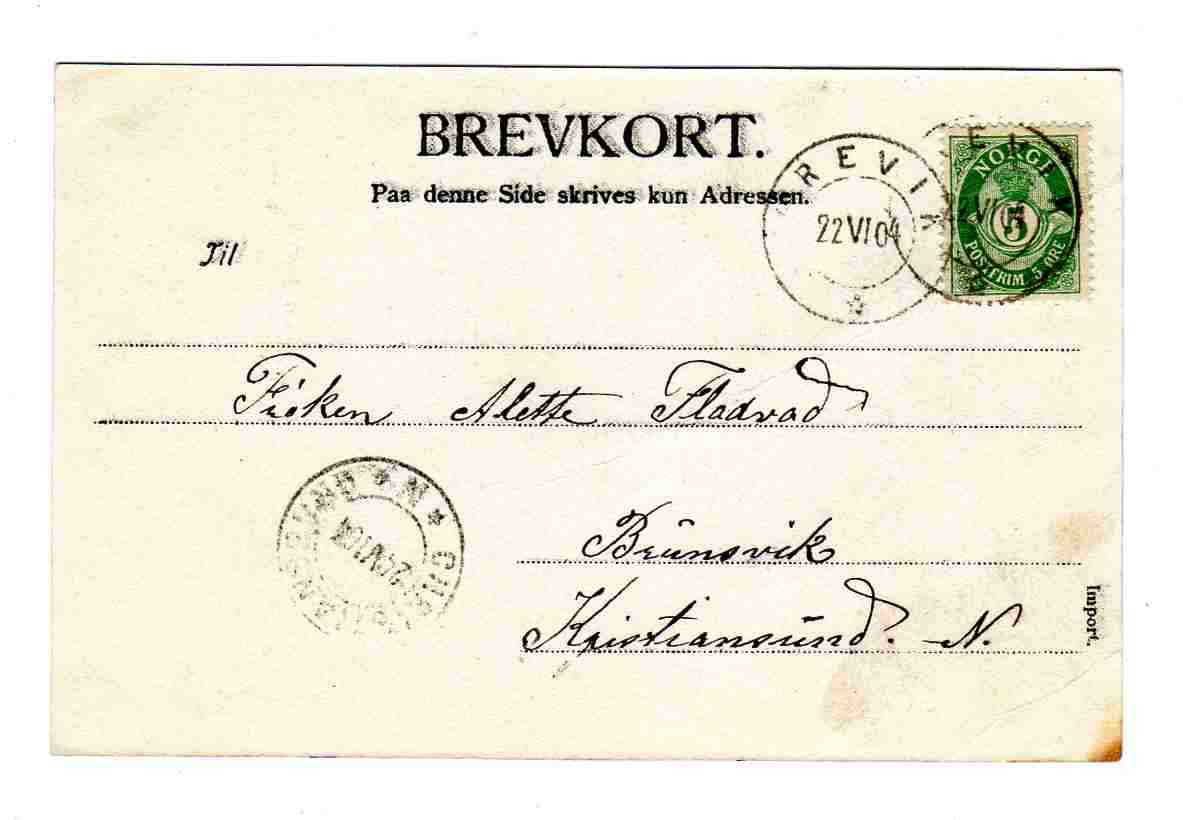 Hilsen fra Brevik B&H Horten  st Brevik/Kristiania 1904