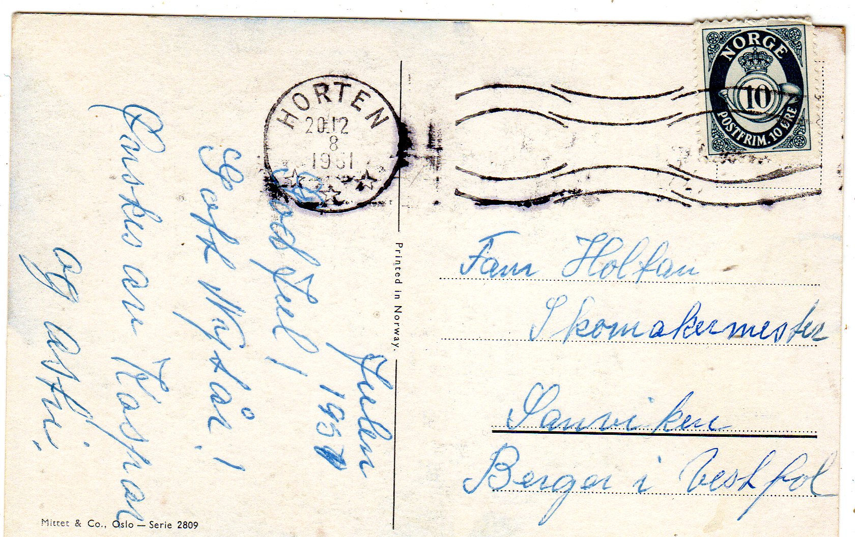 Mittet Serie 2809 Milly Heegaard St. 20.12. 1951 Horten 