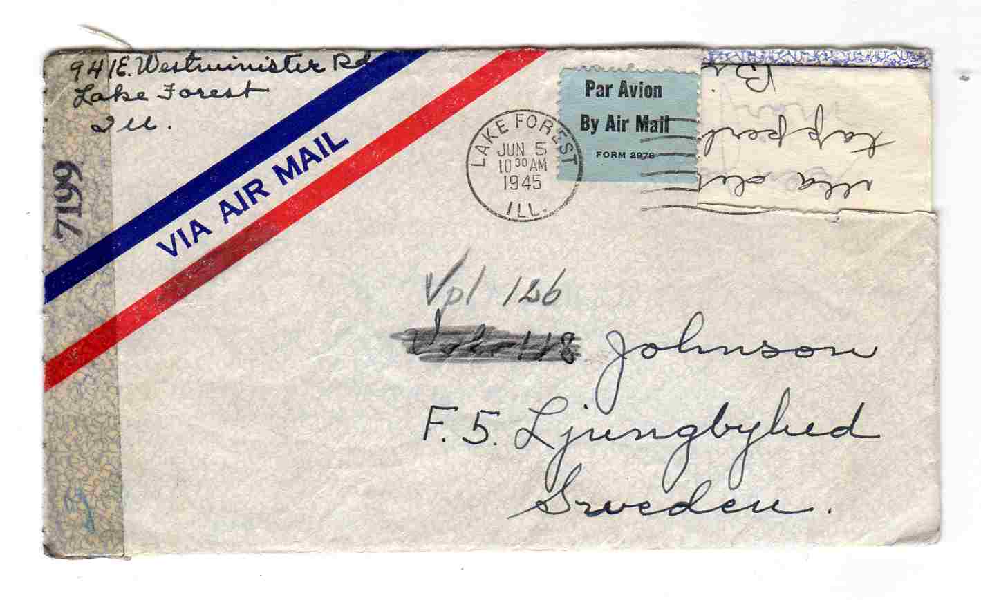 st Lake Forest 1945 air mail med brev to Sweden