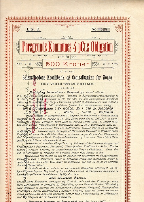 Porsgrunds Kommunes 4 pCt.s Obligation Litr B 088 500kr Porsgrund 1907