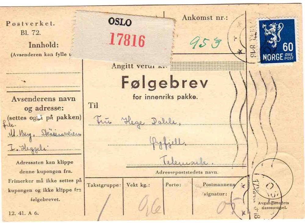 Følgebrev Oslo-Øyfjell 1943