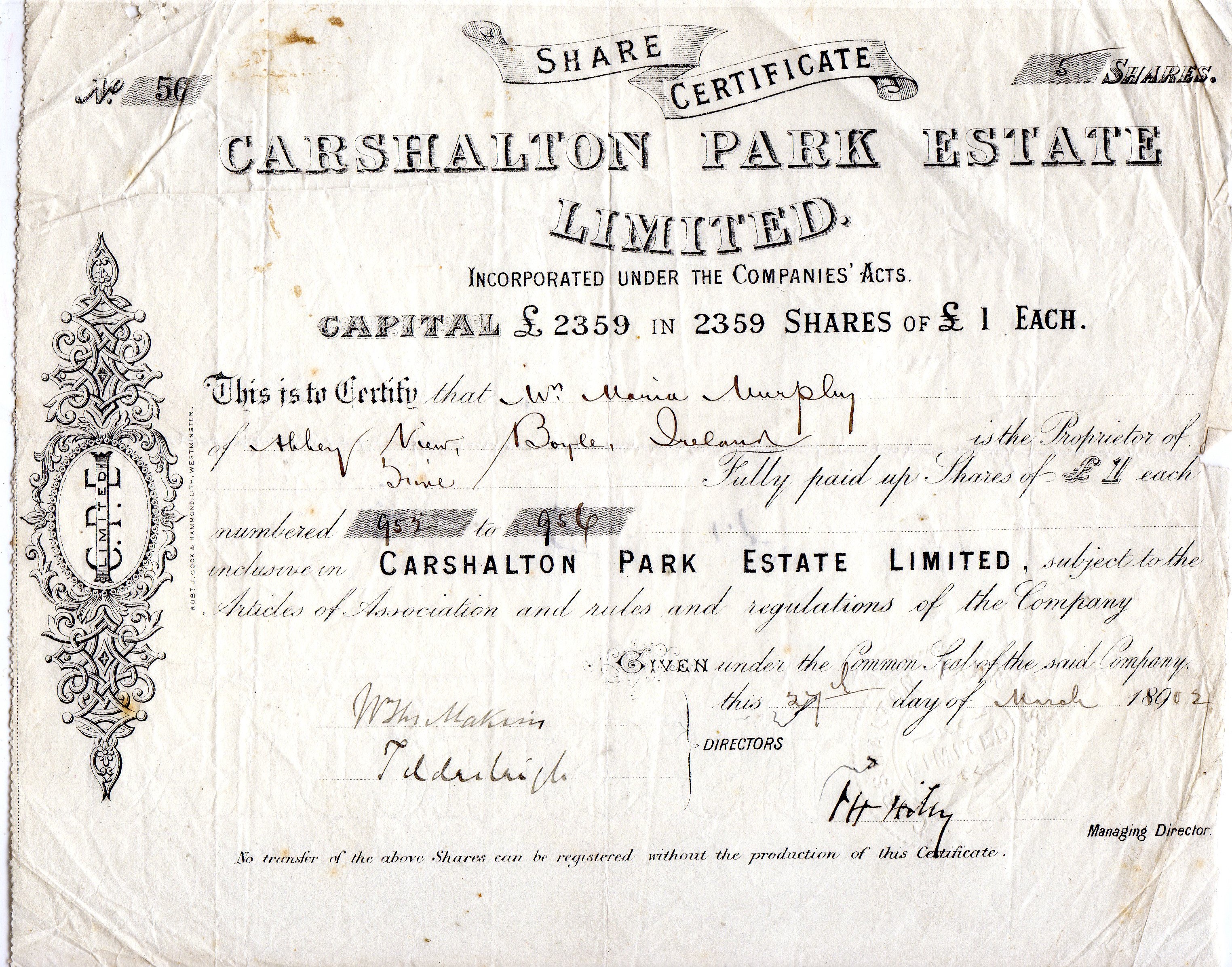 Carshalton park Estate limited 5 shares nr 952-956 1890