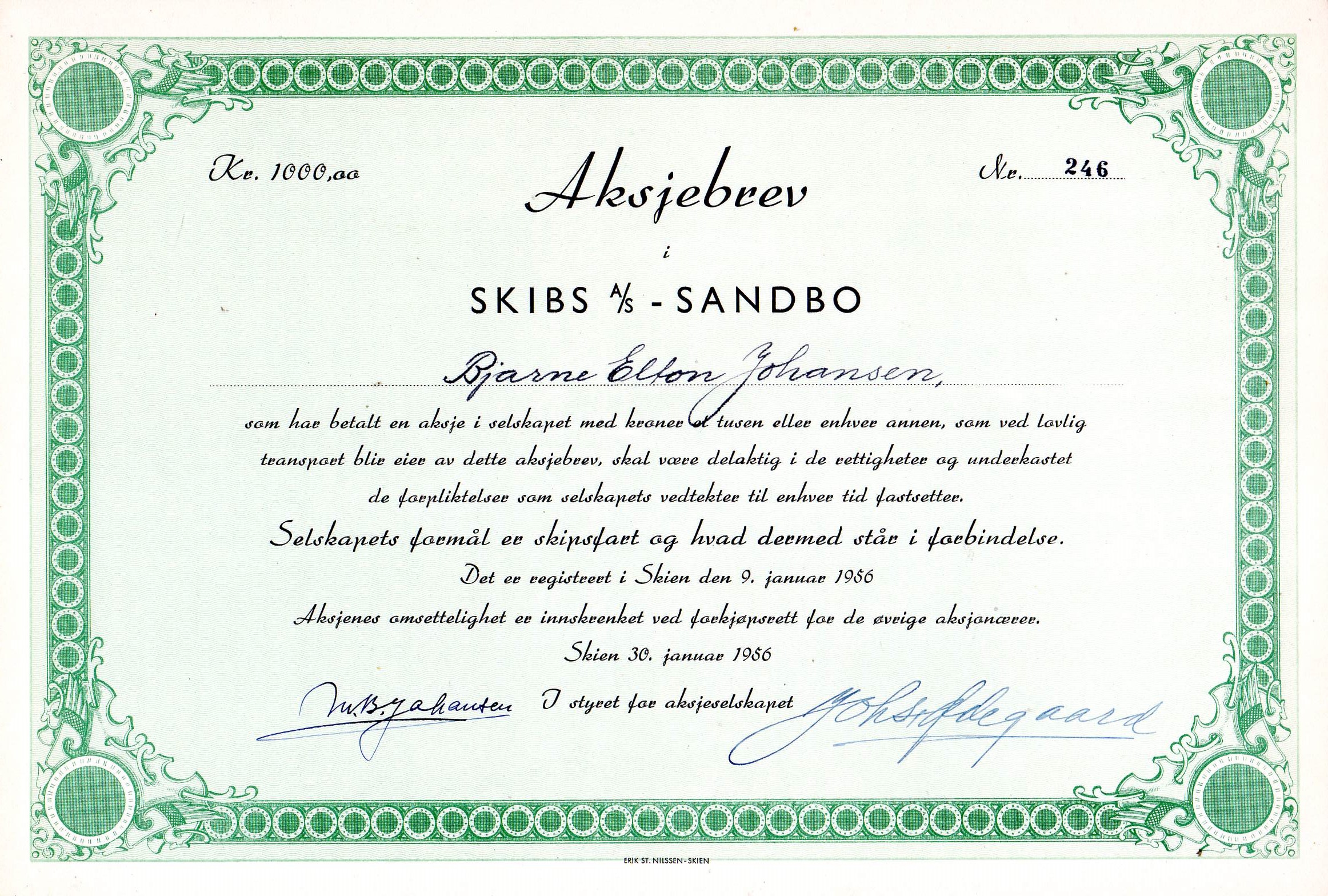 Skibs-Sandbo kr 1000 nr 247,246&246 pris pr stk kr250 Skien 1956