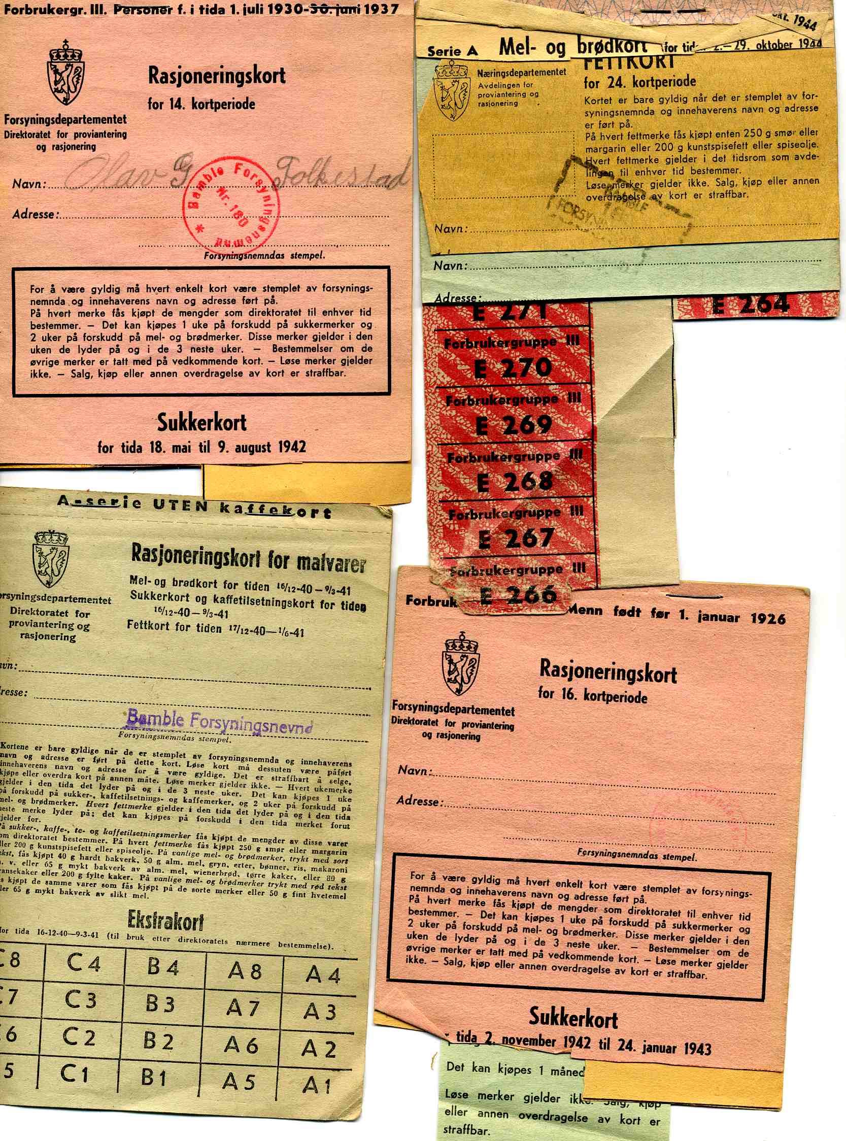 Diverse rasjoneringskort/mel og brødkort/fettkort Bamble forsyningsnemd 1943