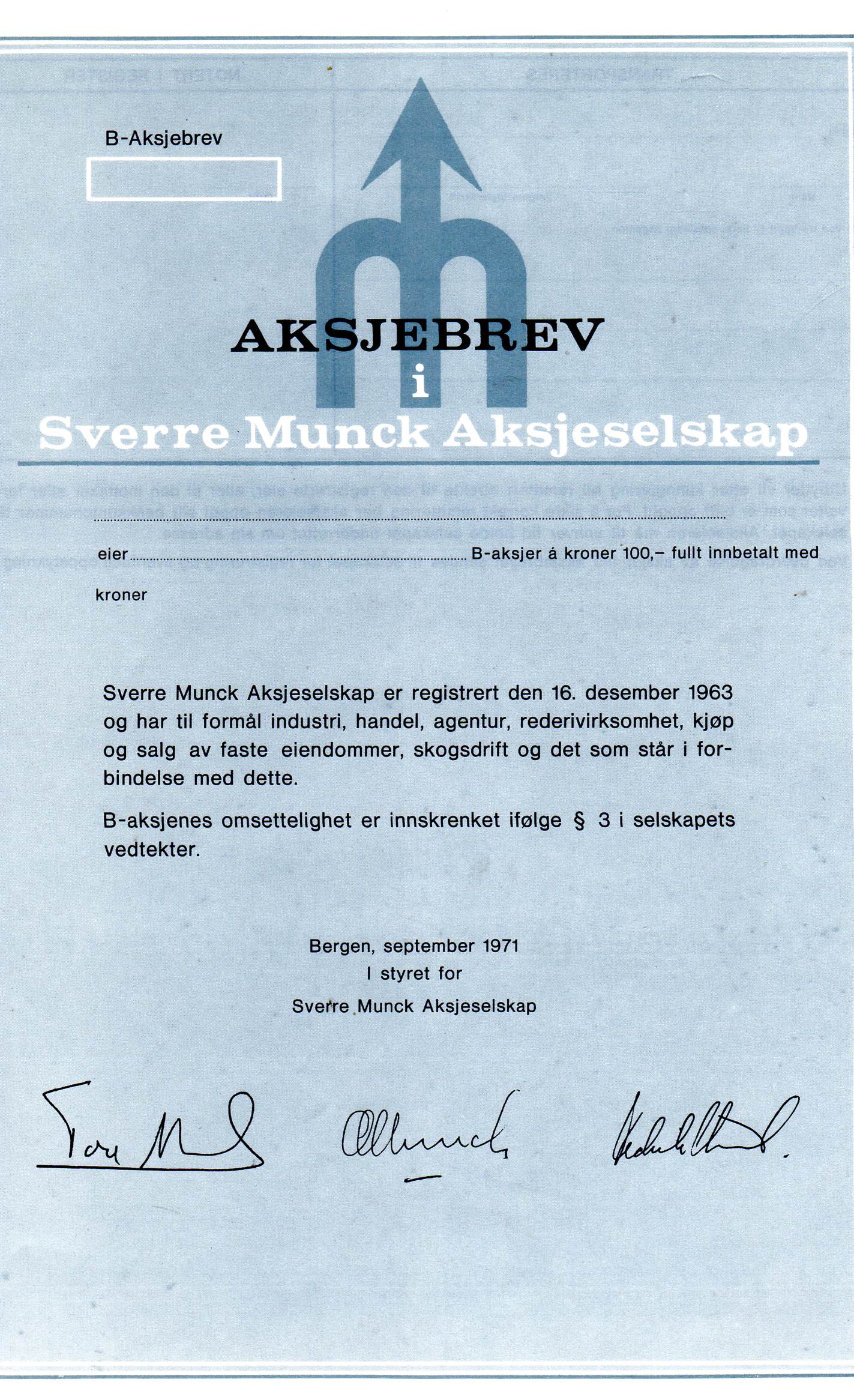 Sverre Munch Bergen 1971 blankett pris pr stk
