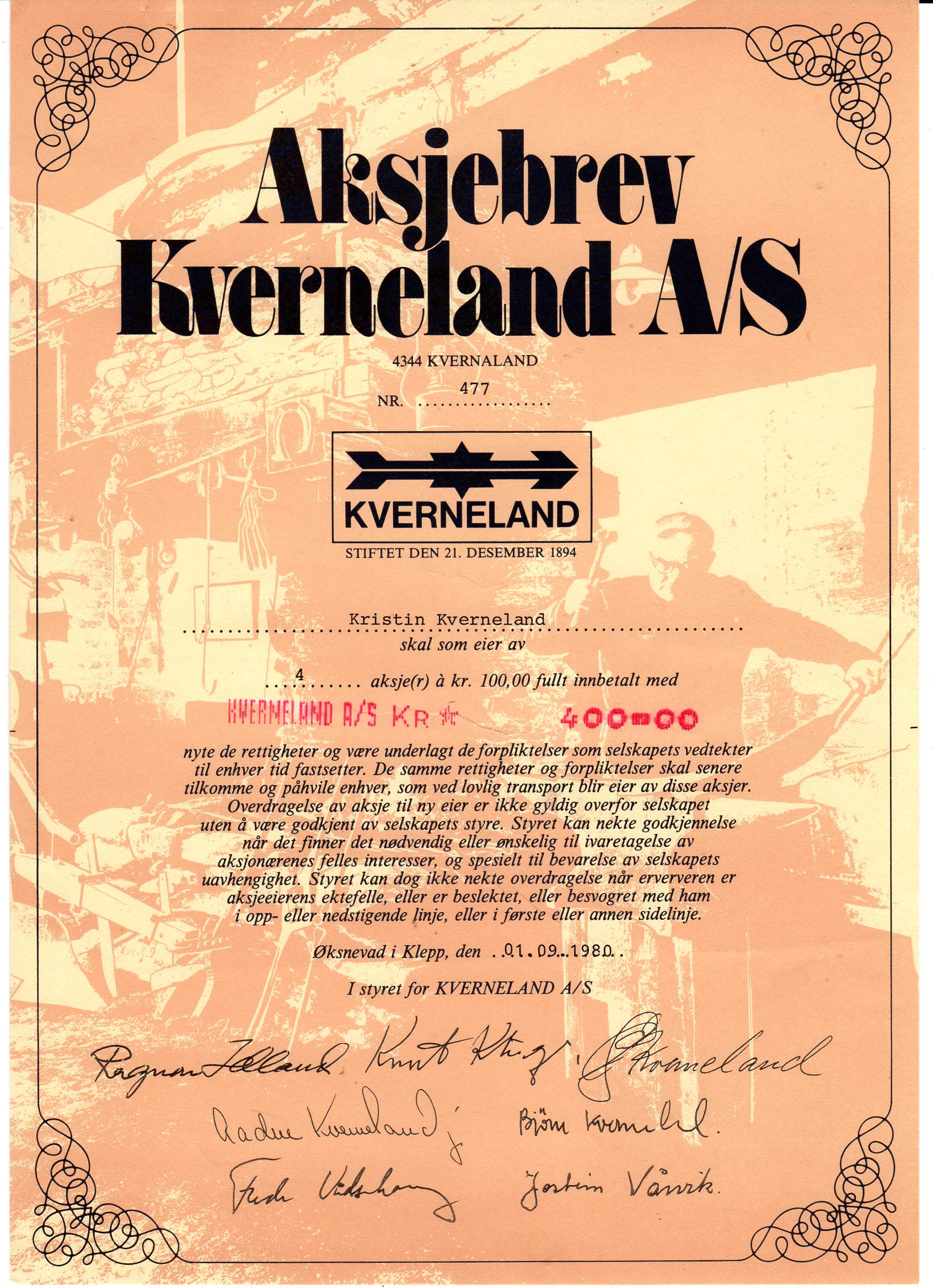 Kverneland AS Klepp 1980 kr 100 nr 458/712/472/477/517/748 pris pr stk