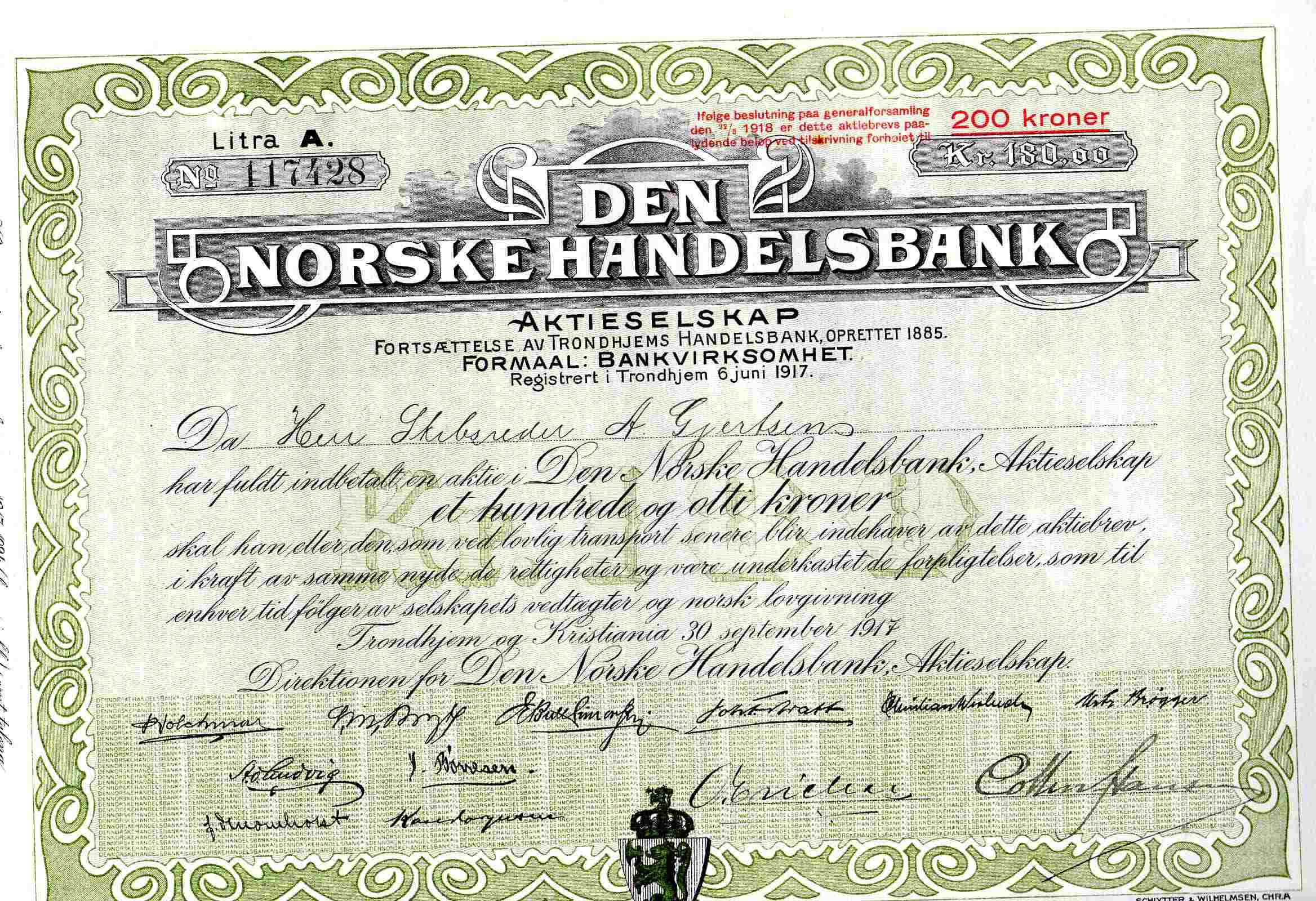 Den norske handelsbank kr 200/180 Litra A no117428 Trondhjem 1917
