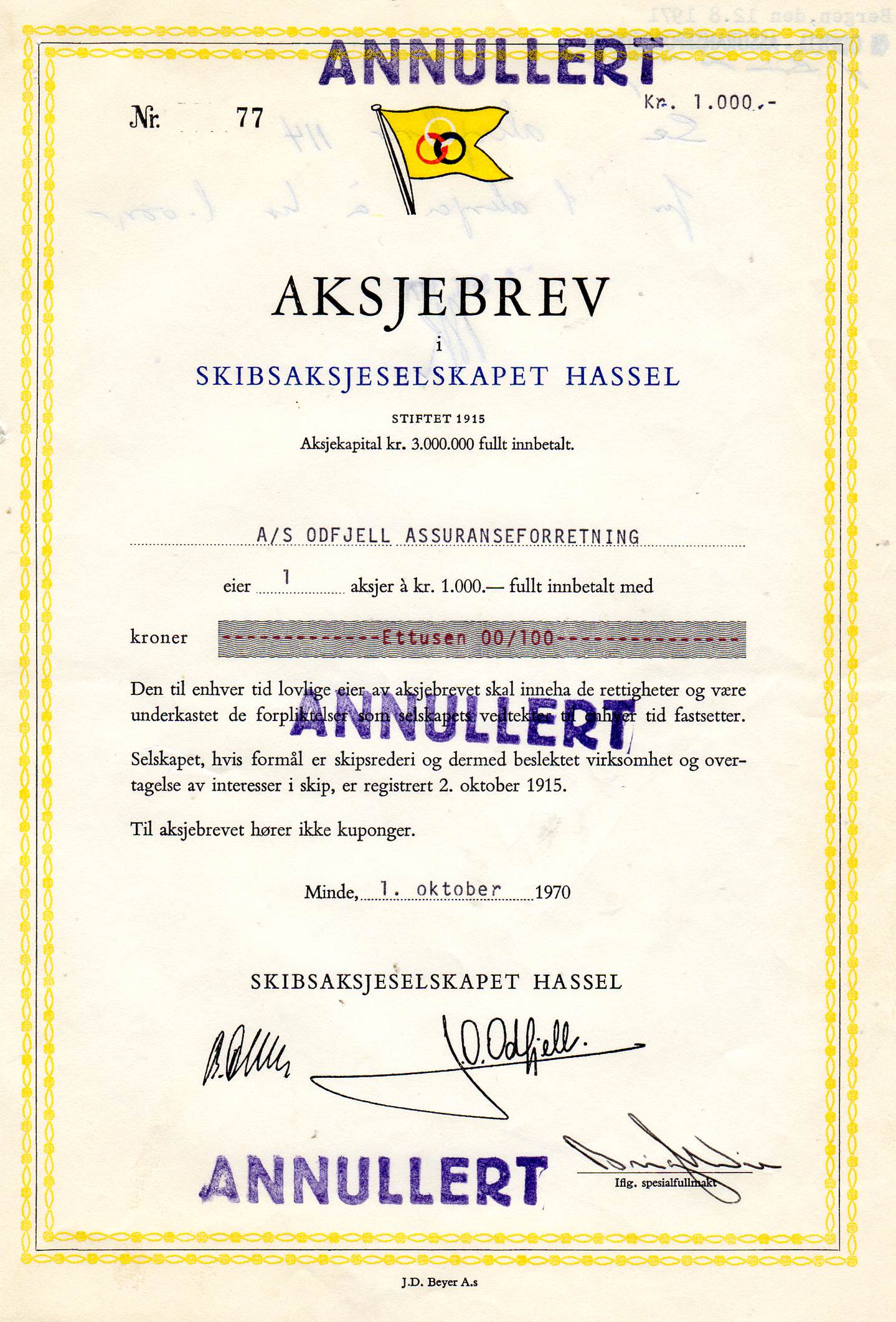 Hassel skibs AS Mine 1970 kr 1000 nr 83/77/107 pris pr stk