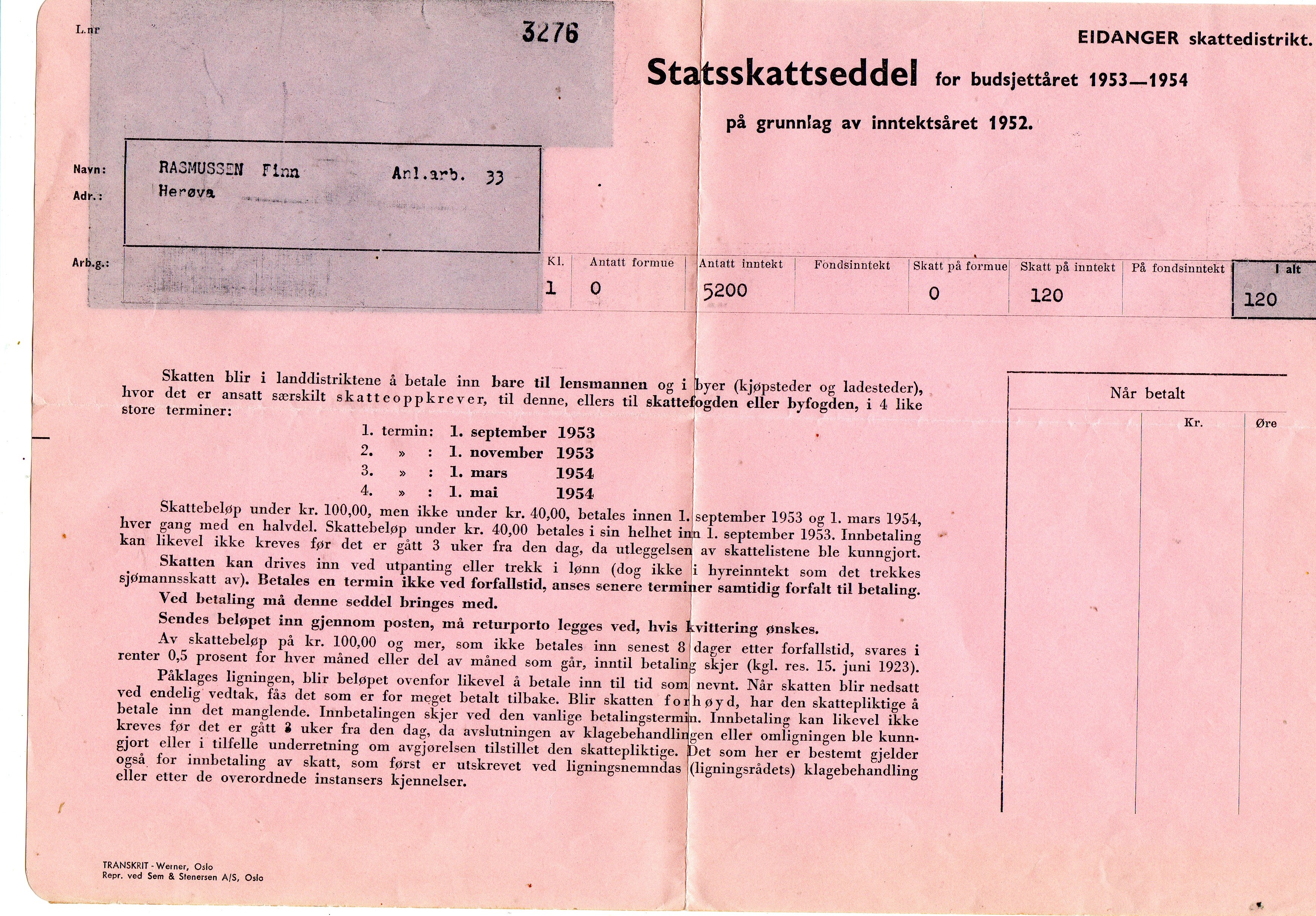 Kommuneskatteseddel 1953-54 Eidanger