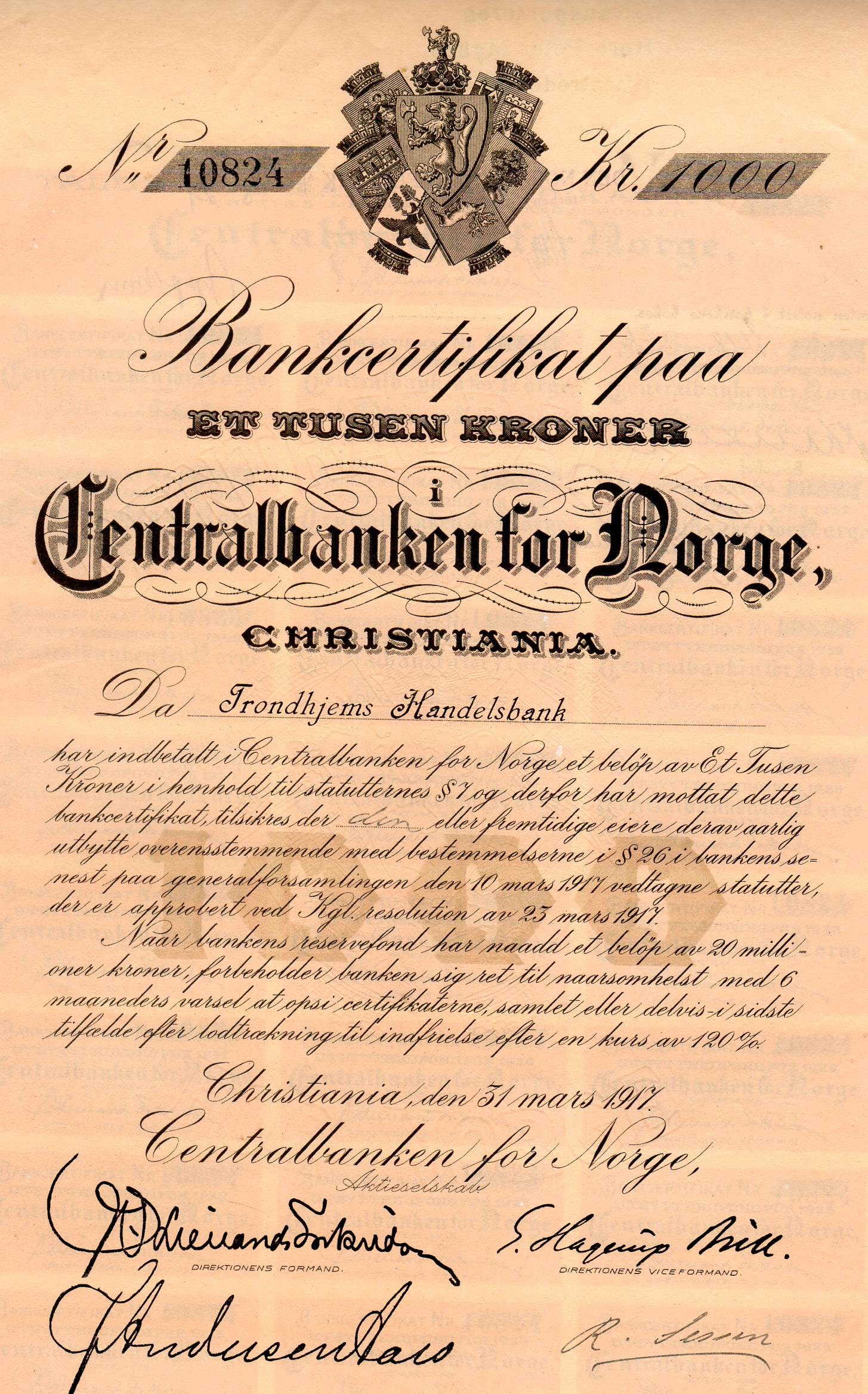 Centralbanken for Norge Christiania 1917 kr 1000 nr 10821,10824&10855 pris pr stk kr 200
