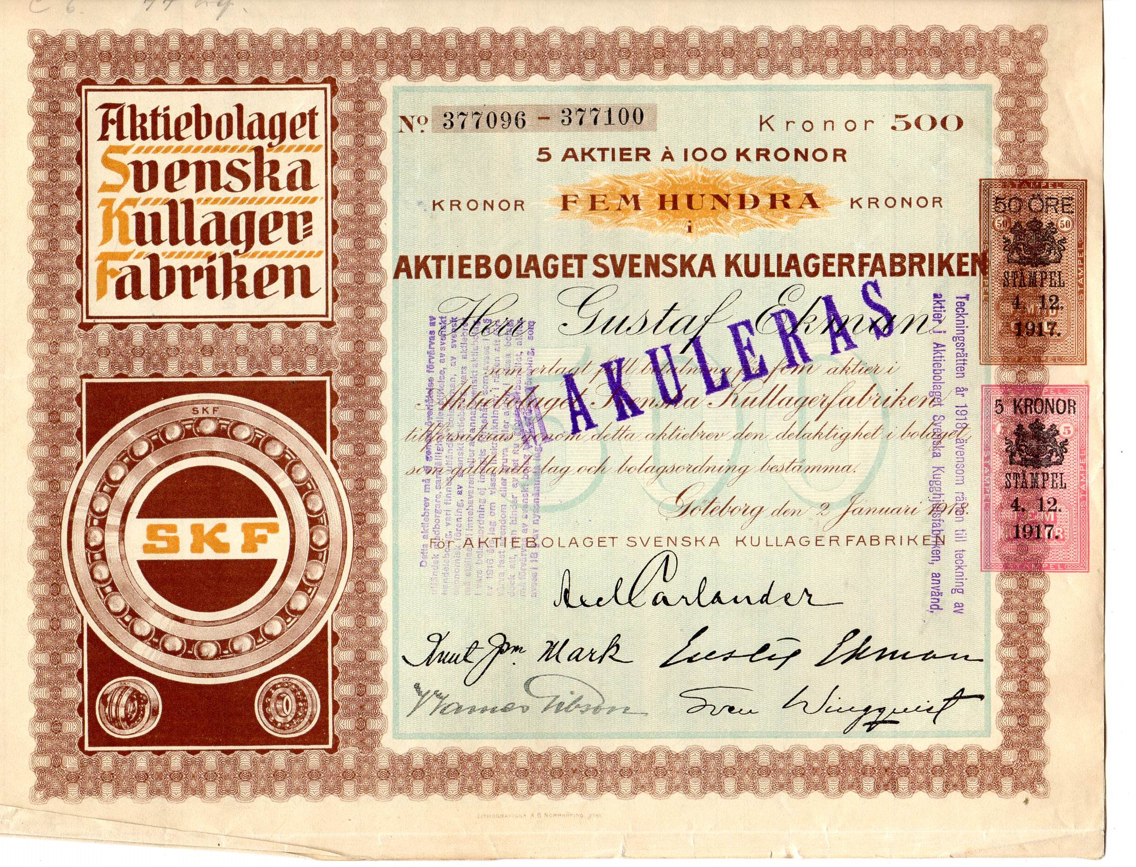 Svenska kullagerfabrikken Gøteborg 1918 kr500 nr 377096-3771100