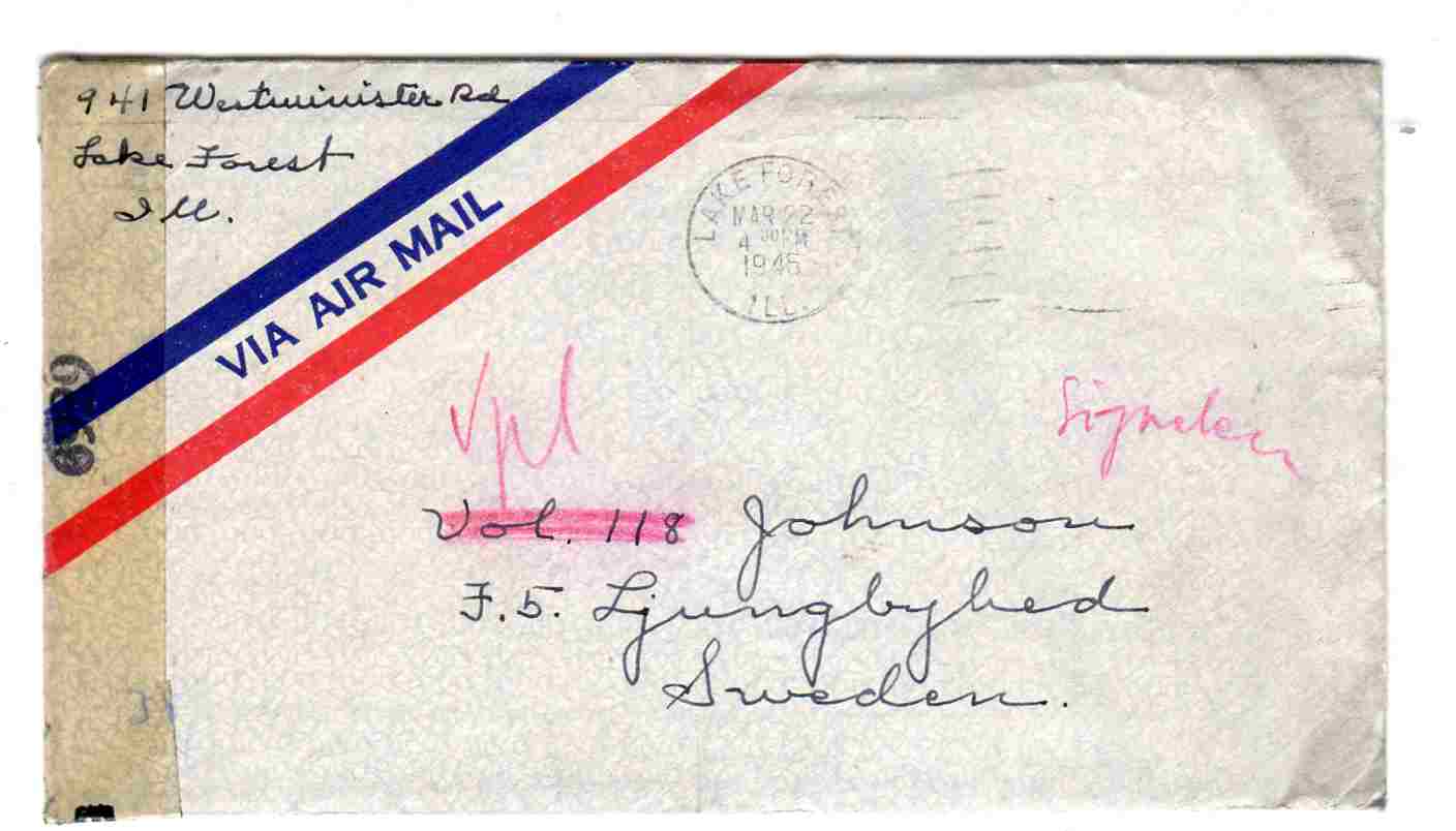 st lake Forest 1945 air mail med brev to Sweden