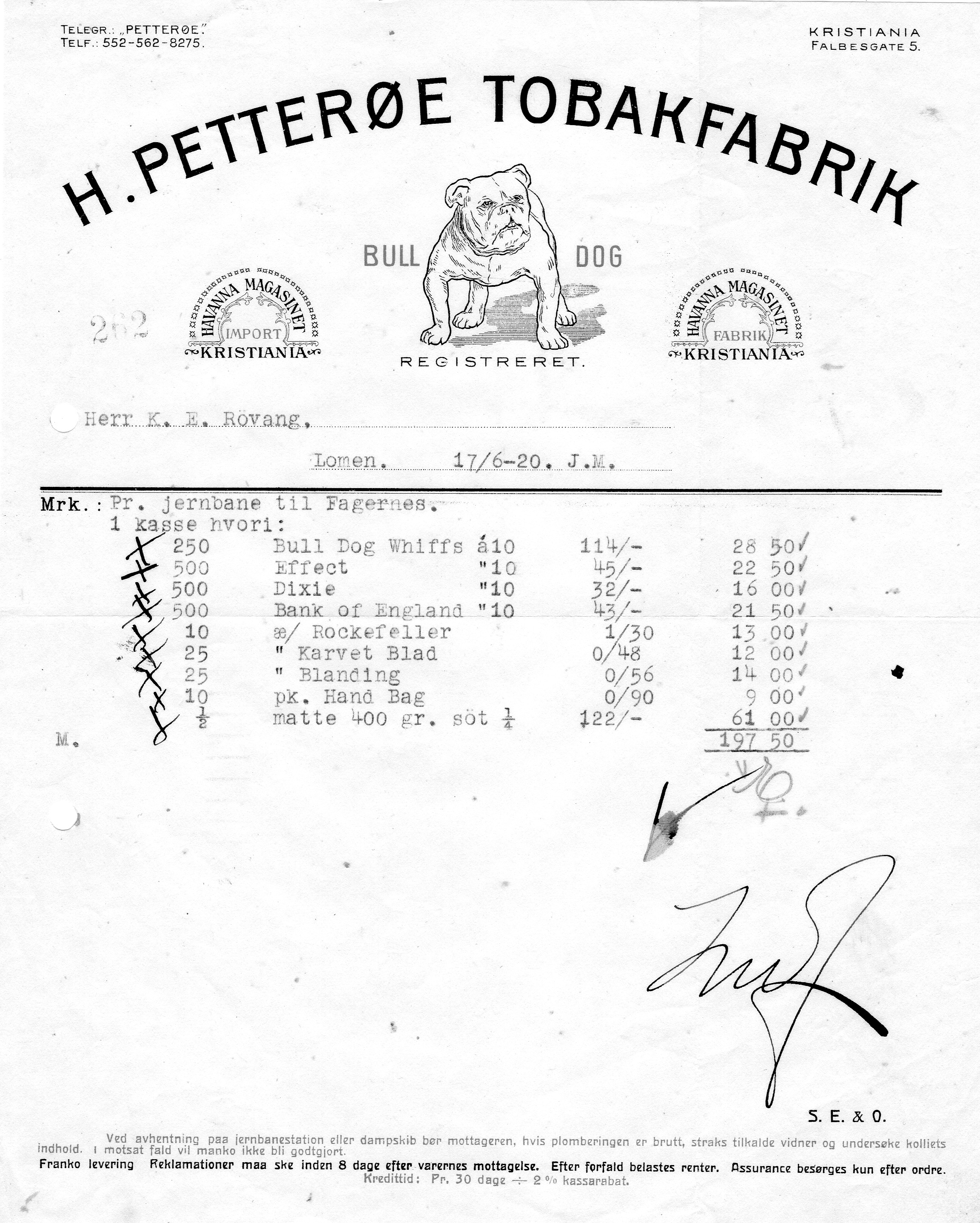 H Pettrøe Tobakfabrik 1920 Pris pr stk