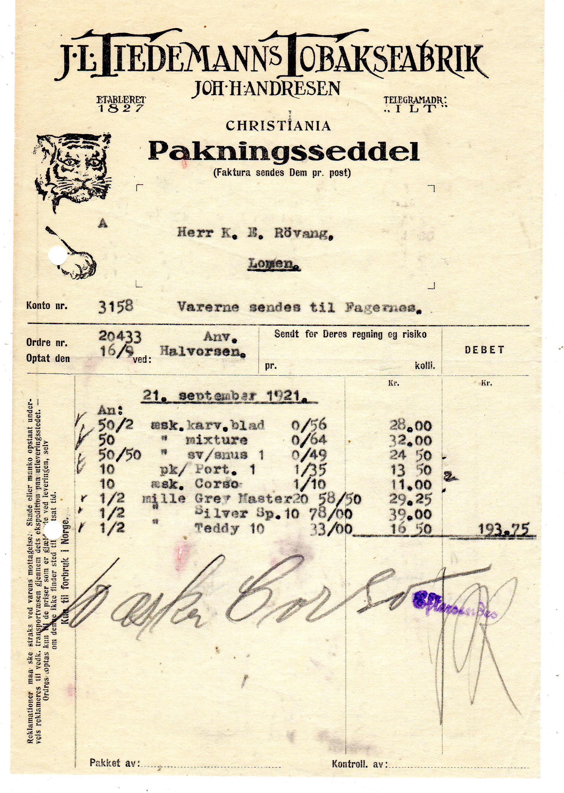 J L Tidemanns Tobakfabrikk 1921/1919 pris pr stk