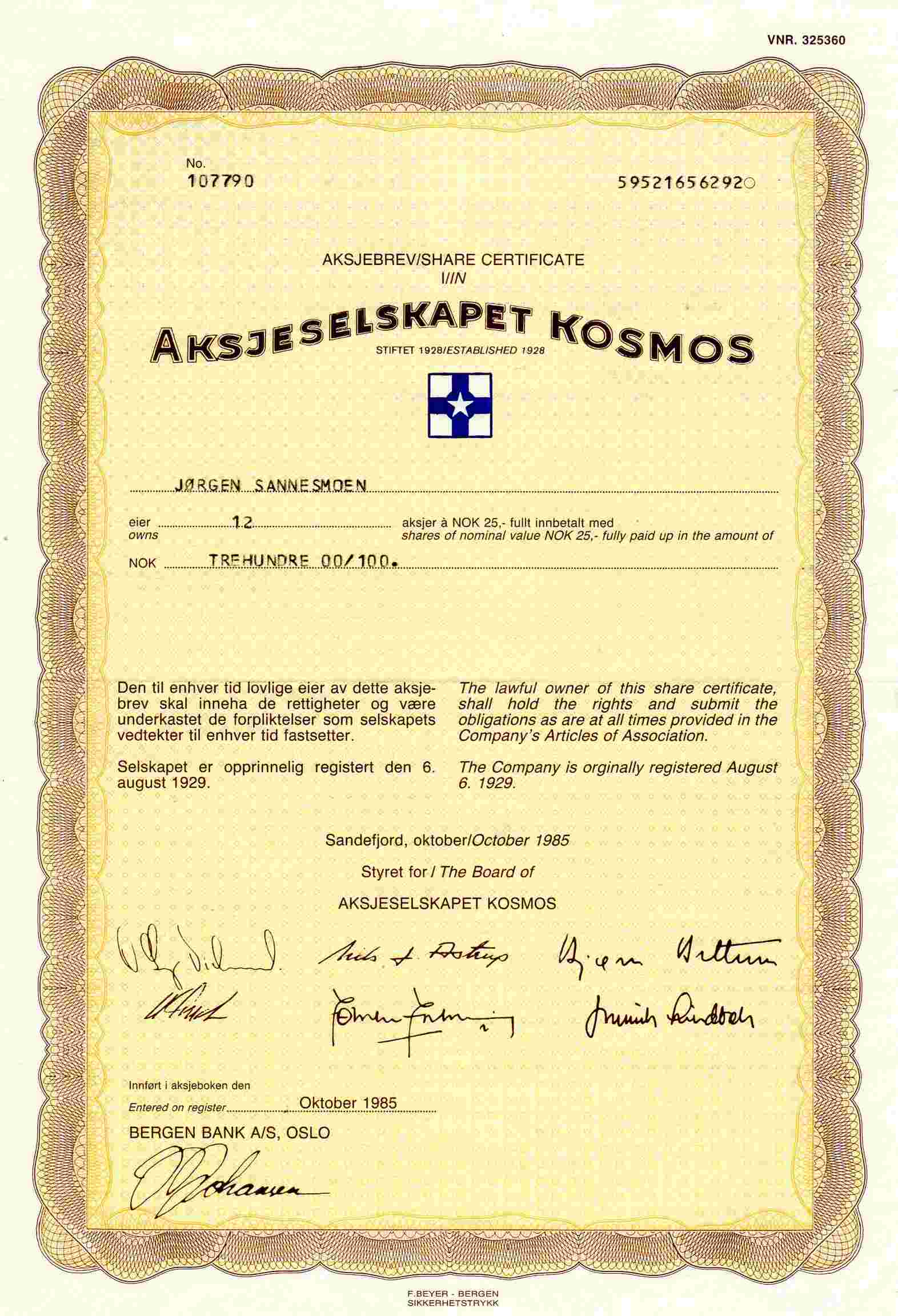 Kosmos kr25 Sandefjord /1983/1985 pris pr stk
