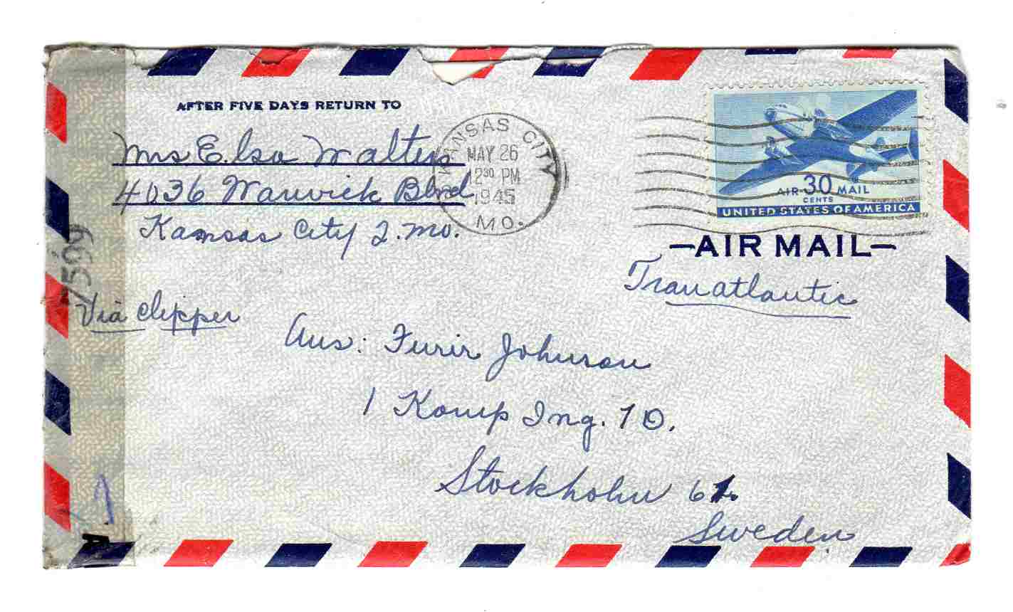 st Kansas city to Sweden 1945 7599 med brev