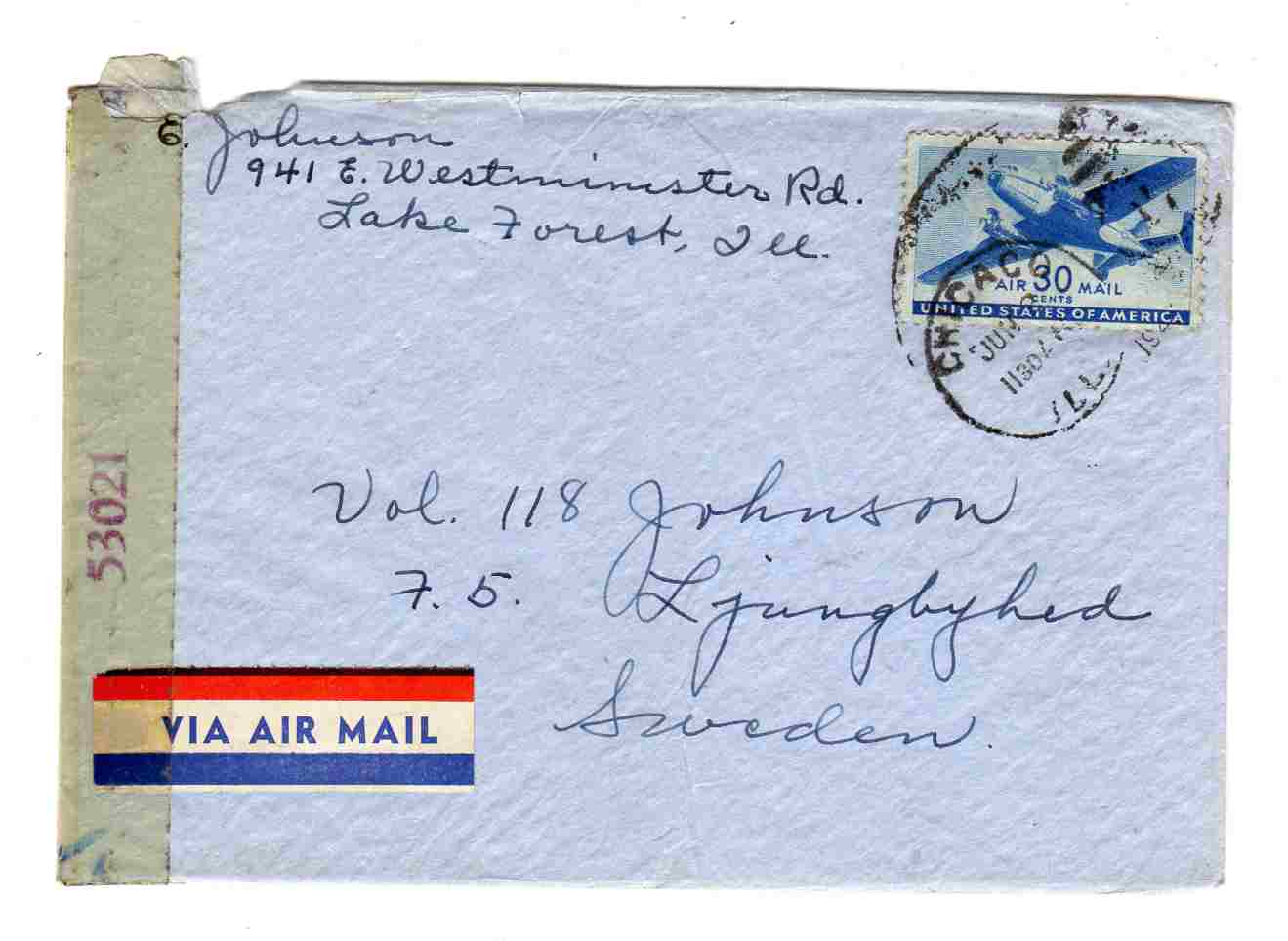 st Chicago 1944 /Air mail 53021 to Sweden med brev
