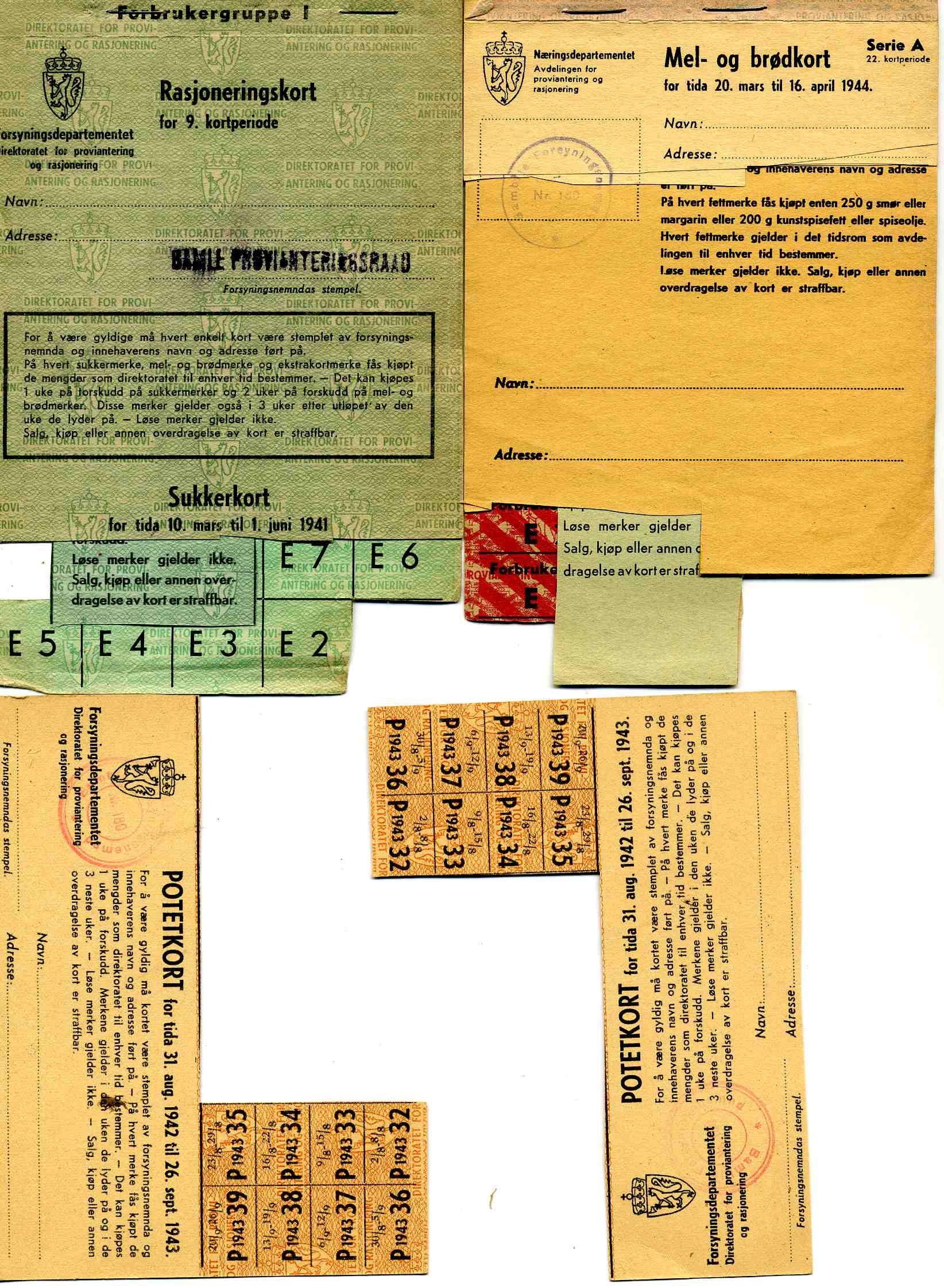 Sukkerkort/mel og brødkort/potetkort Bamble 1940-45
