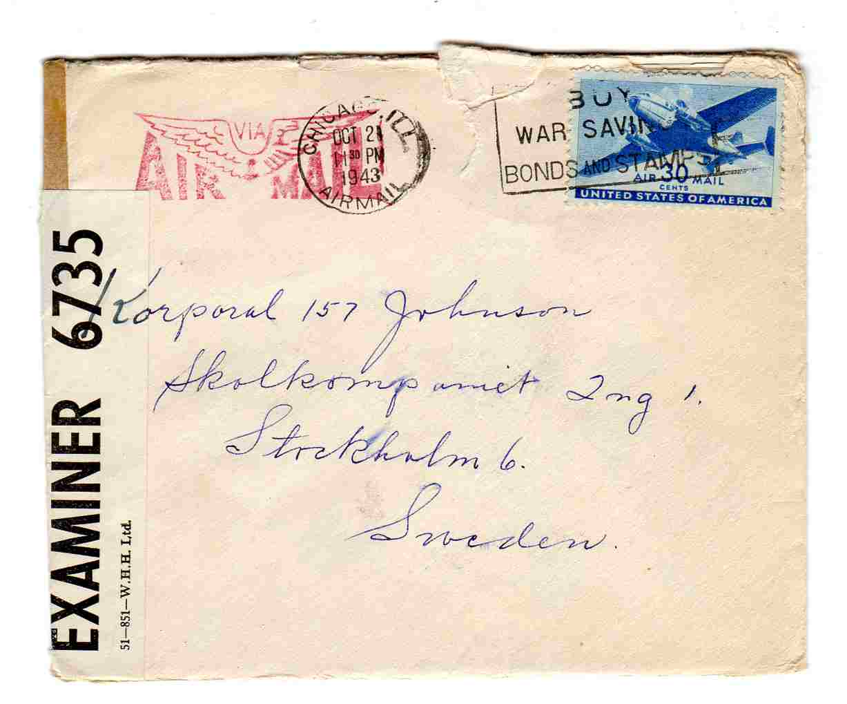 st Chicago 1943 air mail 6735 med brev