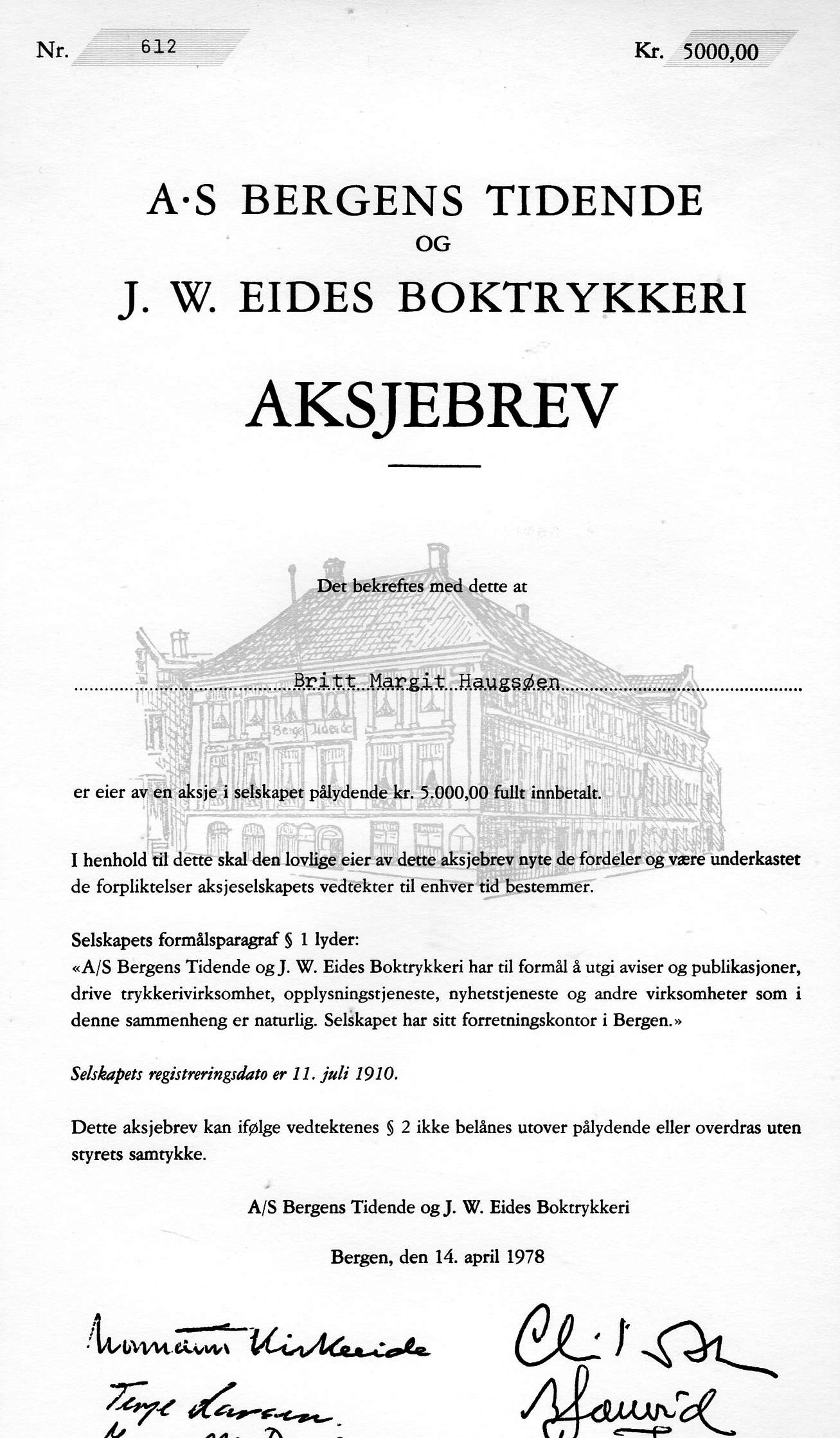 Bergens tidende /Eides boktrykkeri  kr 5000 Bergen 1978 nr 607/606/605/614/613/612 pris pr stk
