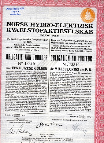 Norsk  Hydro-  Obligasjonslån  i  Gulden   Notodden  1937 nr 13310/12900/12782/12799/12830 pris pr stk