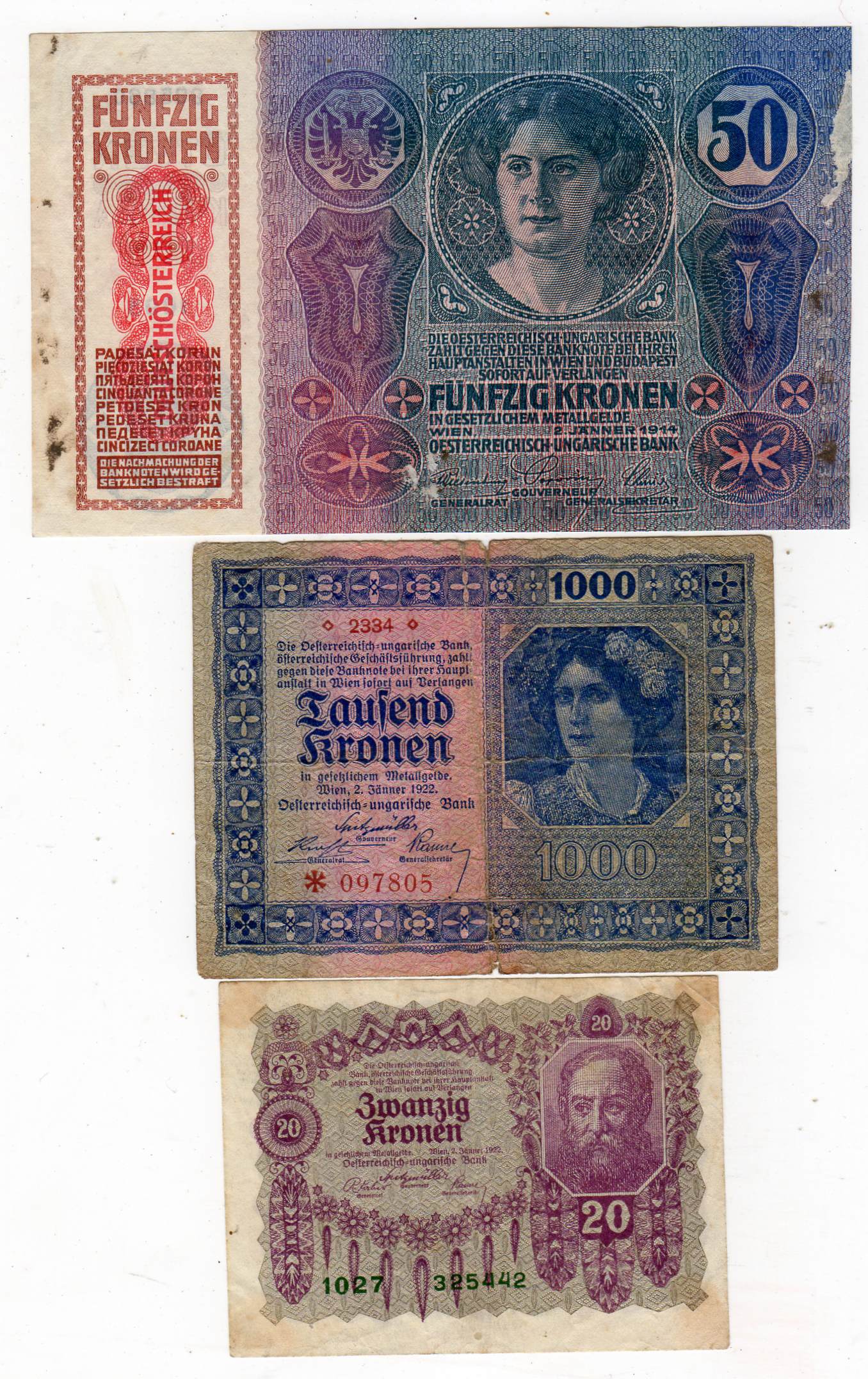 20(1922)/50(1914)/1000(1922) kronen Østeriek-Ungarn