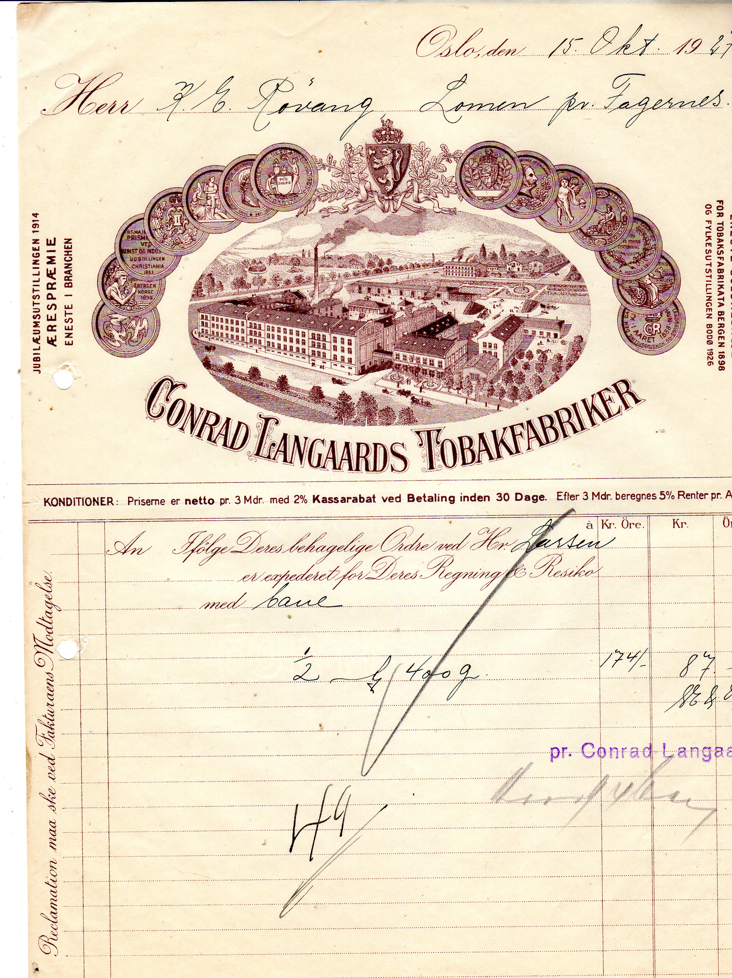 Conrad Langaards Tobakfabriker 1927 og 1930 pris pr stk