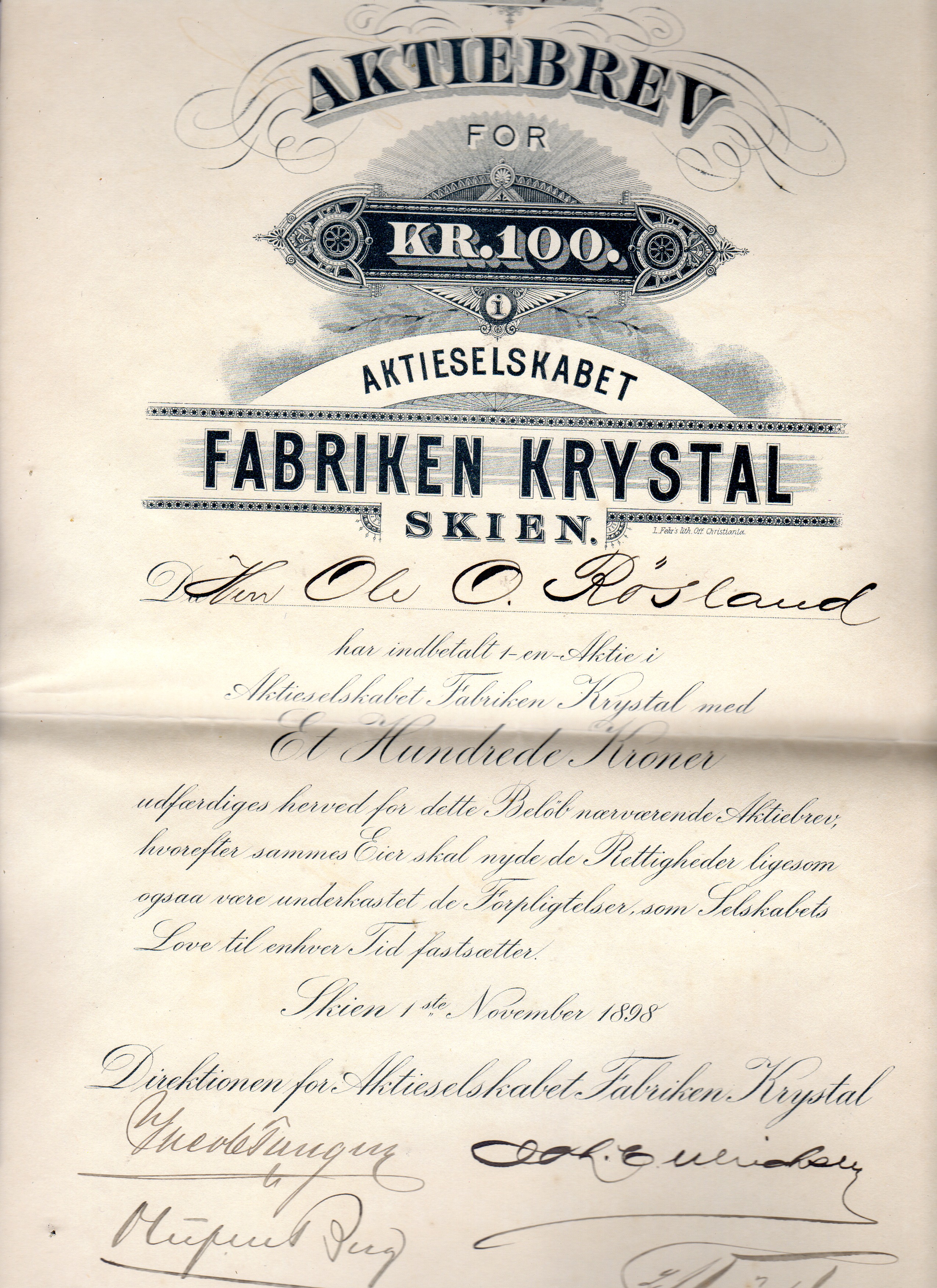 Fabriken Krystal  Skien 1898 Pål 100kr no211 kv1 kvittering medfølger