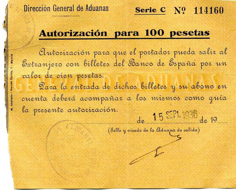 100 pesetas sjekk 1936 Spania