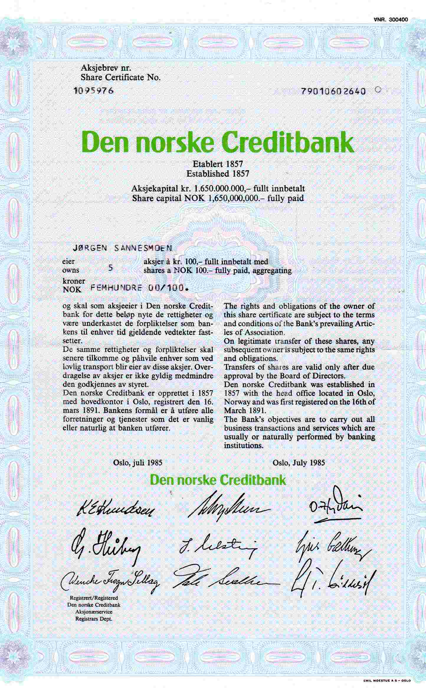 DNC kr 100 Oslo 1984 pris pr stk