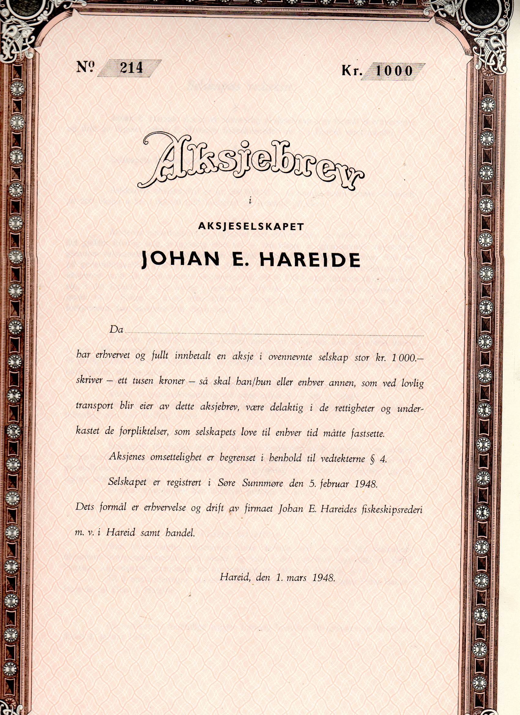 Johan E Hareide Blankett  Hareid 1948 kr 1000 nr 214/215/216/217 pris pr stk