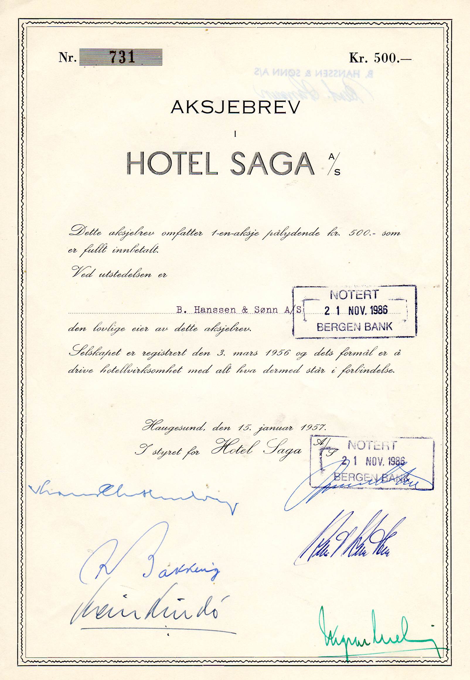 Hotel saga Haugesund 1957 kr 500 nr733/732/731 pris pr stk