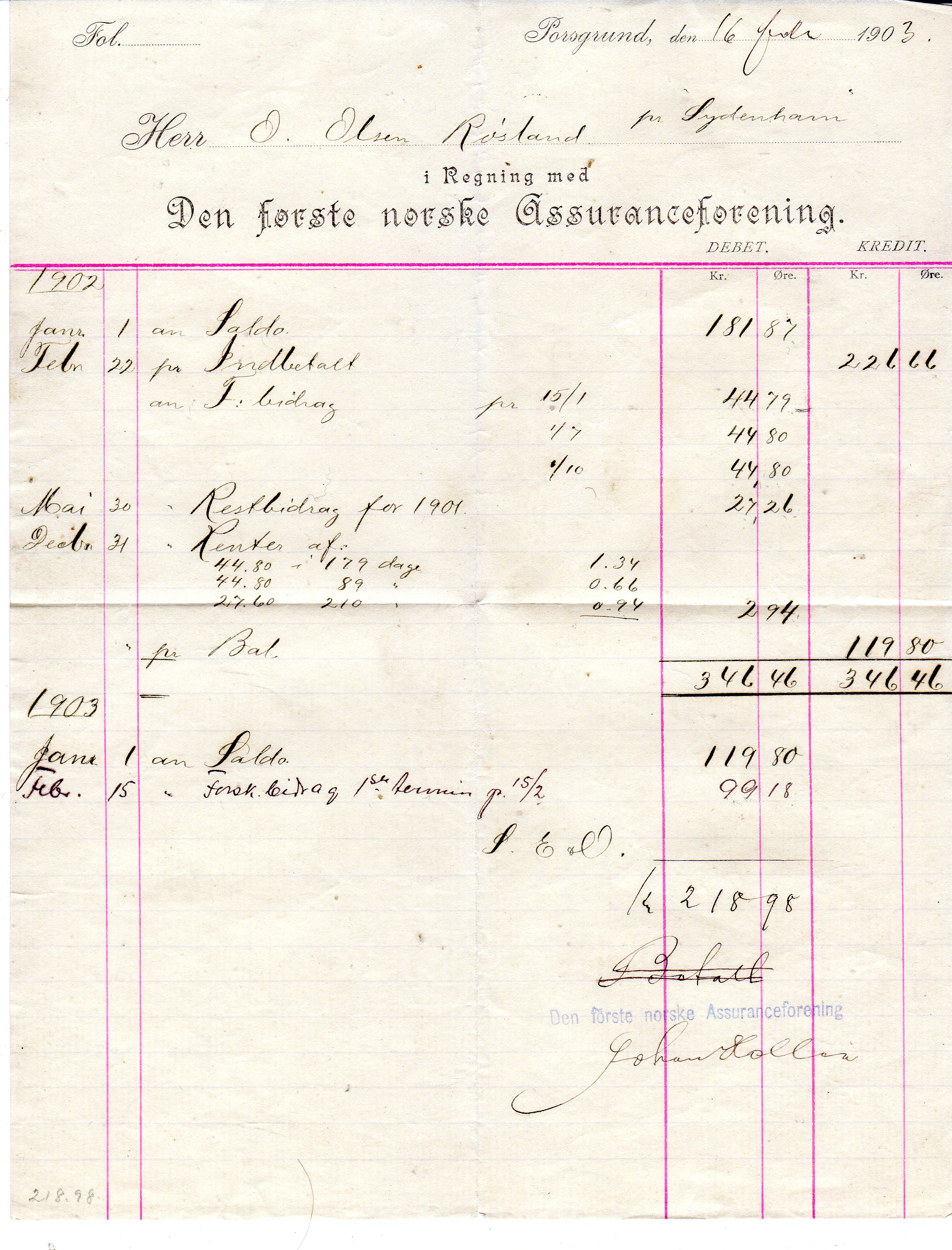 Den første norske assuransefprening  Porsgrund 1903