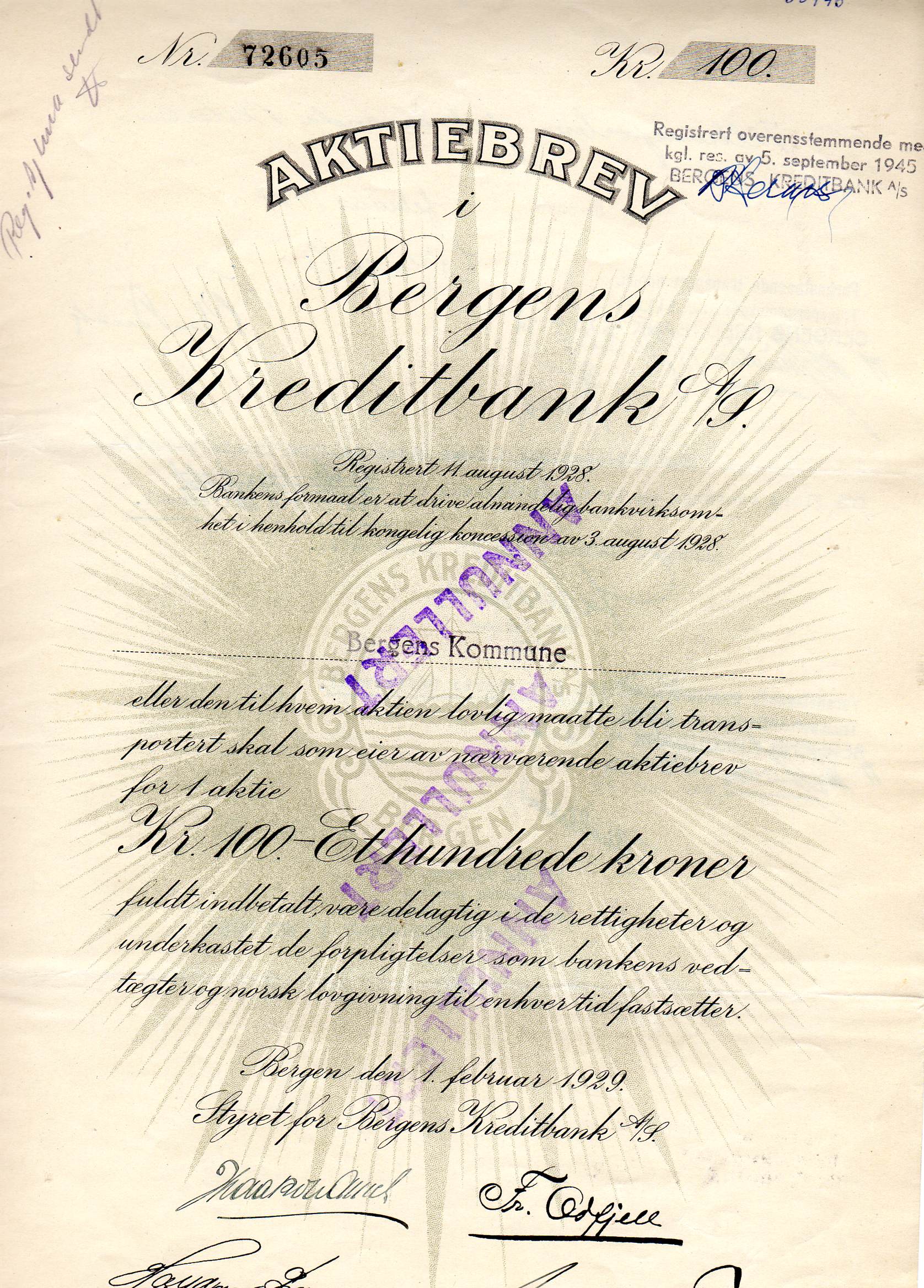 Bergen kreditbank Bergen 1929kr 100 nr 72605/72606/72608 pris pr stk