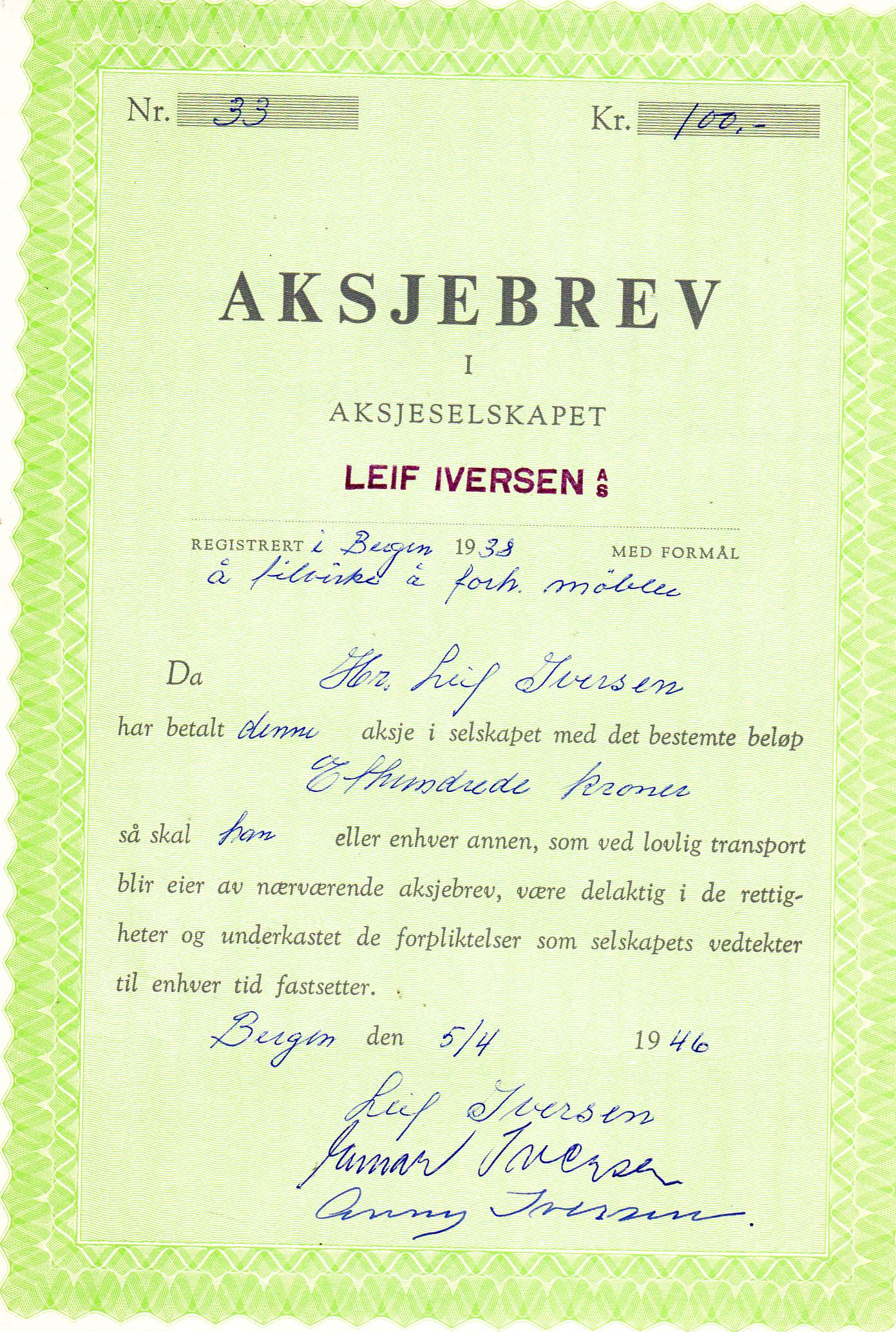 Aksjebrev Leif Iversen nr 37&33  kr 100 Bergen 1946 pr stk kr 50