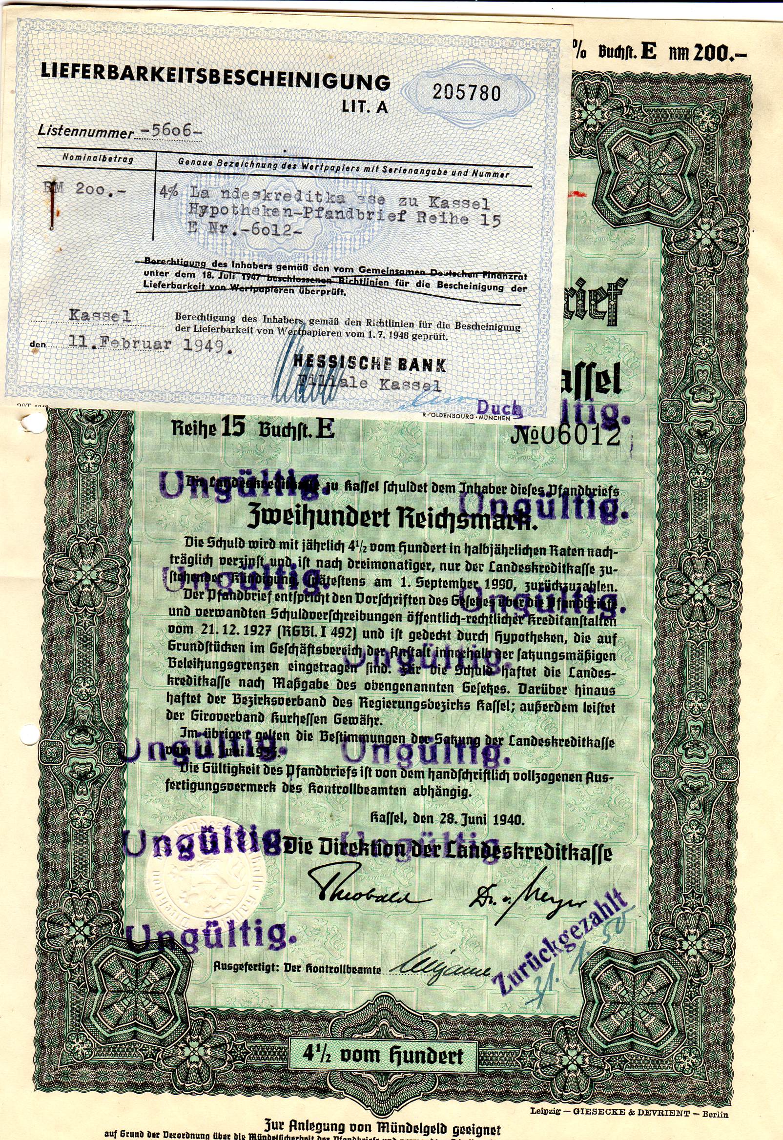 Hypoteken-Pandbrief Kassel 1940 200RM nr 06012/06013 pris pr stk
