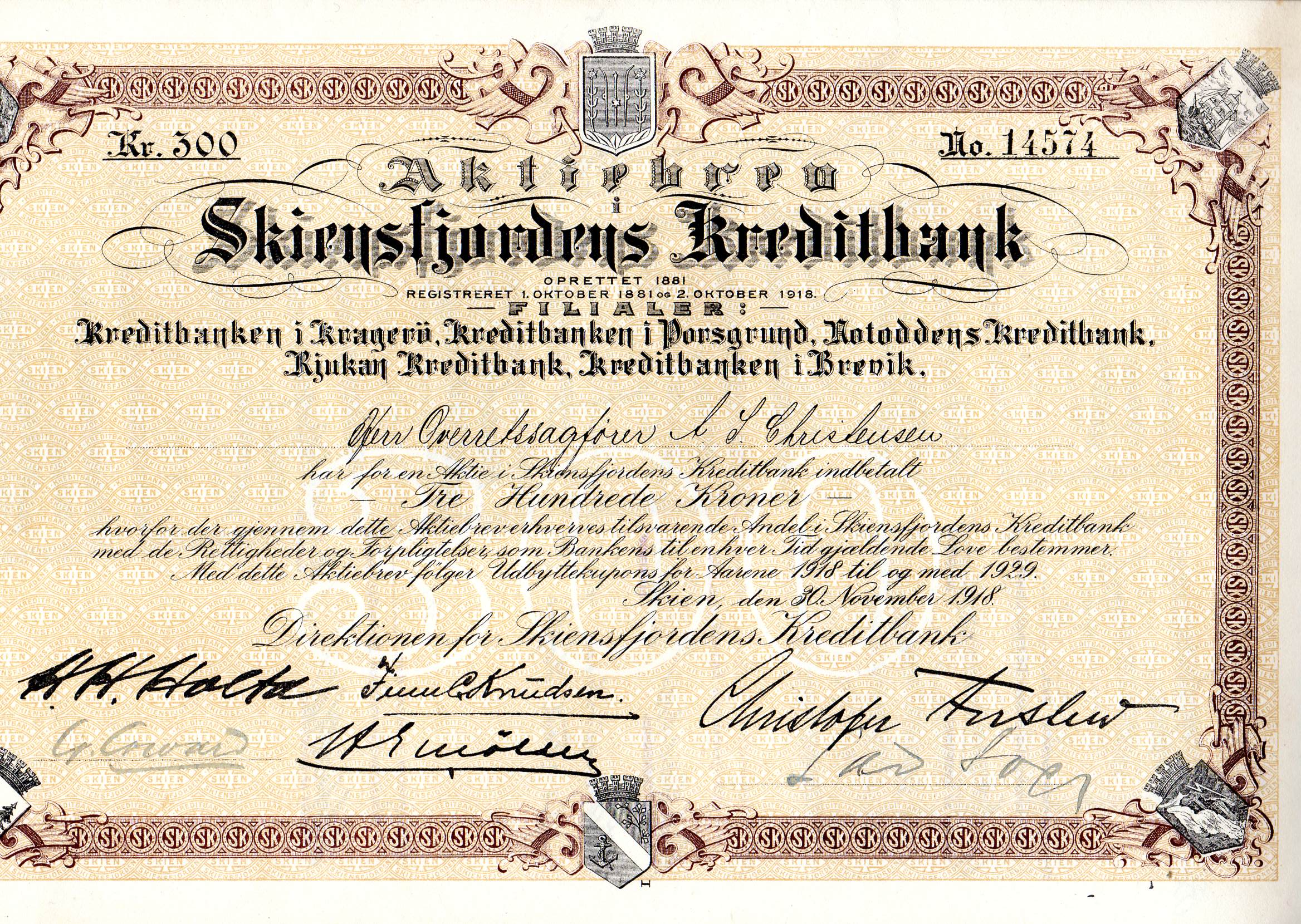 Skiensfjordens kreditbank kr 300 FIN nr 15639,15655&14574 pris pr stk kr 250 Skien 1918